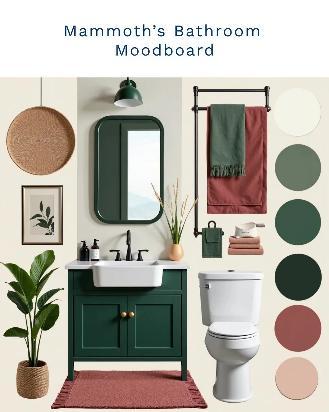 β¨ Bohemian Bathroom Bliss β¨
Looking to give your bathroom a new lease of life? Our mood board blends forest green and dusty rose to create a calming, bohemian sanctuary πΏ.
This design combines earthy textures with modern touches:
β
A sleek, conte