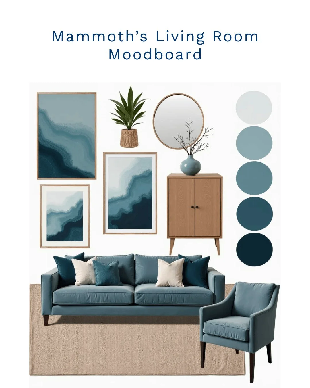 Most living rooms fail for one simple reason: they try too hard. Too many colours. Too many styles. No breathing space.

This coastal living room mood board proves the opposite works better.

A refined palette of slate blue, soft grey, and deep teal 