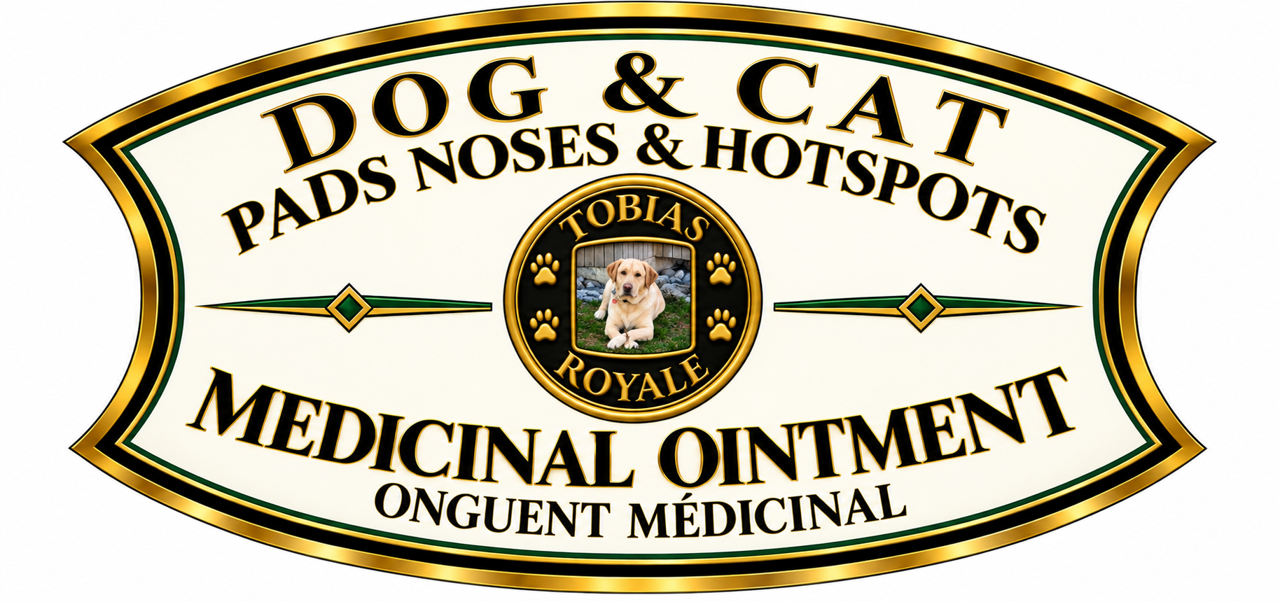 Tobias Royale Medicinal Ointment dog and cat product label for paw pads, noses and hotspots, featuring the black and gold Tobias Royale crest.