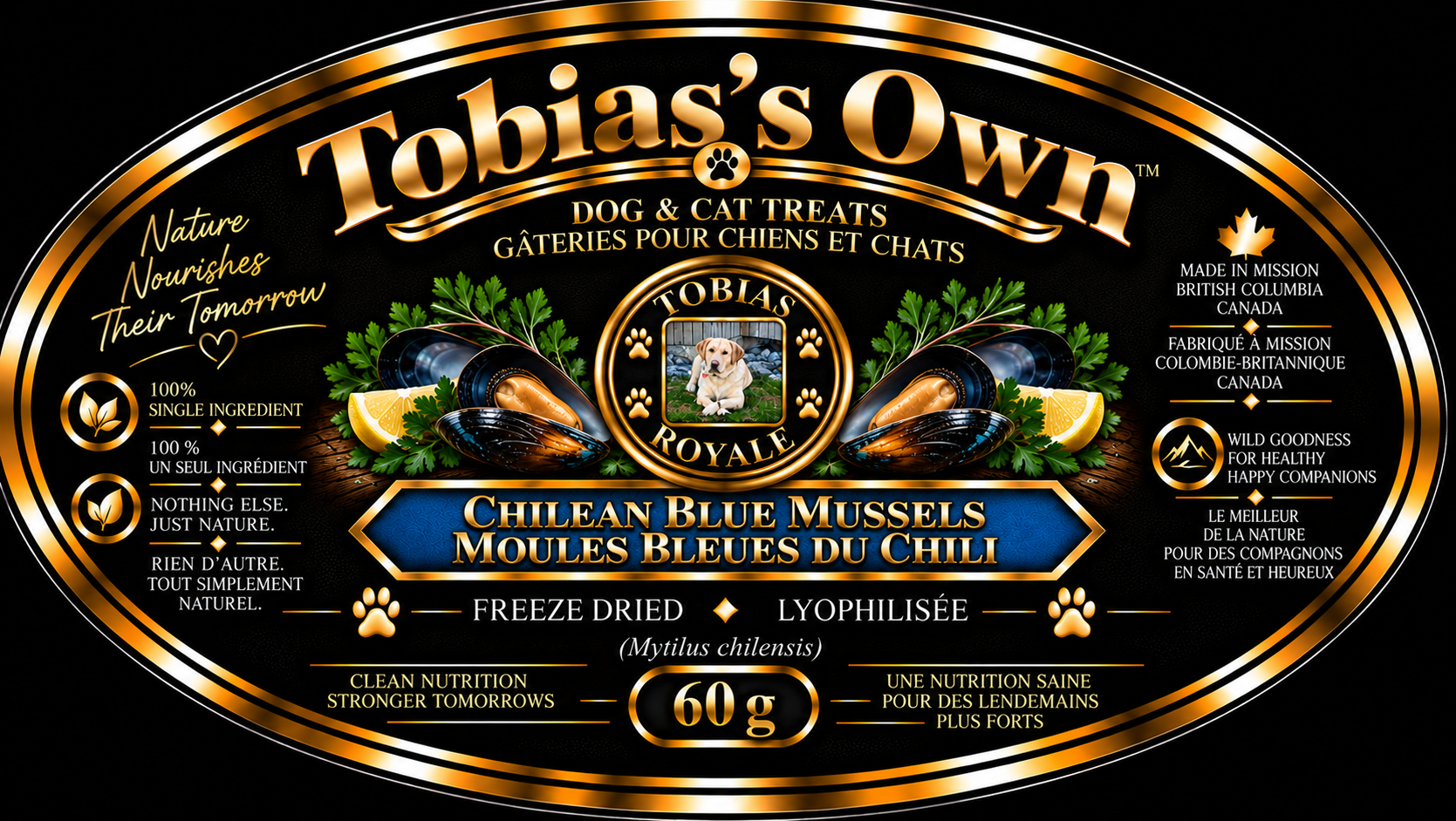 Tobias's Own Chilean Blue Mussels freeze-dried dog and cat treat label featuring the Tobias Royale crest, Chilean blue mussel imagery, 100% single-ingredient and Made in Canada.