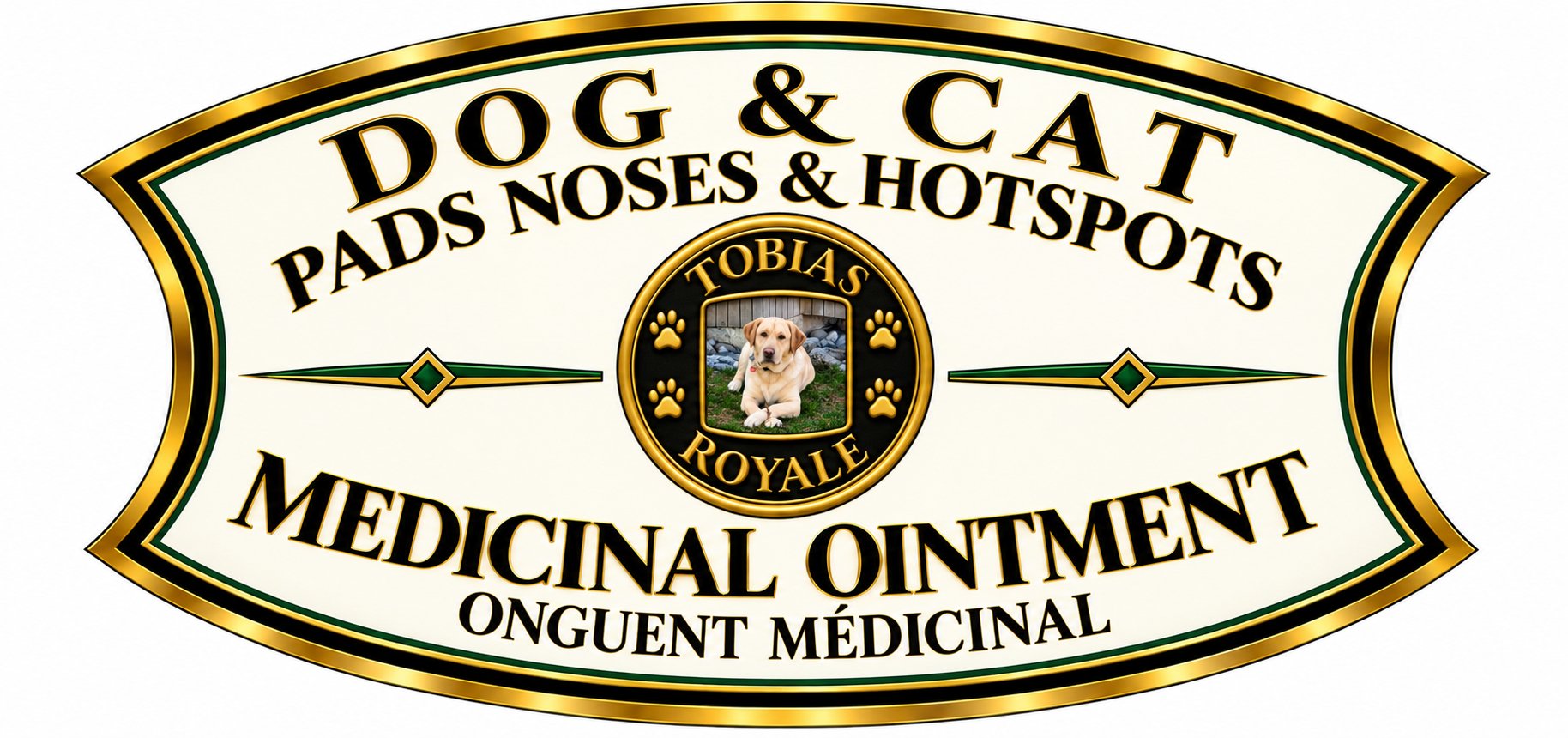 Tobias Royale Medicinal Ointment dog and cat product label for paw pads, noses and hotspots, featuring the black and gold Tobias Royale crest.
