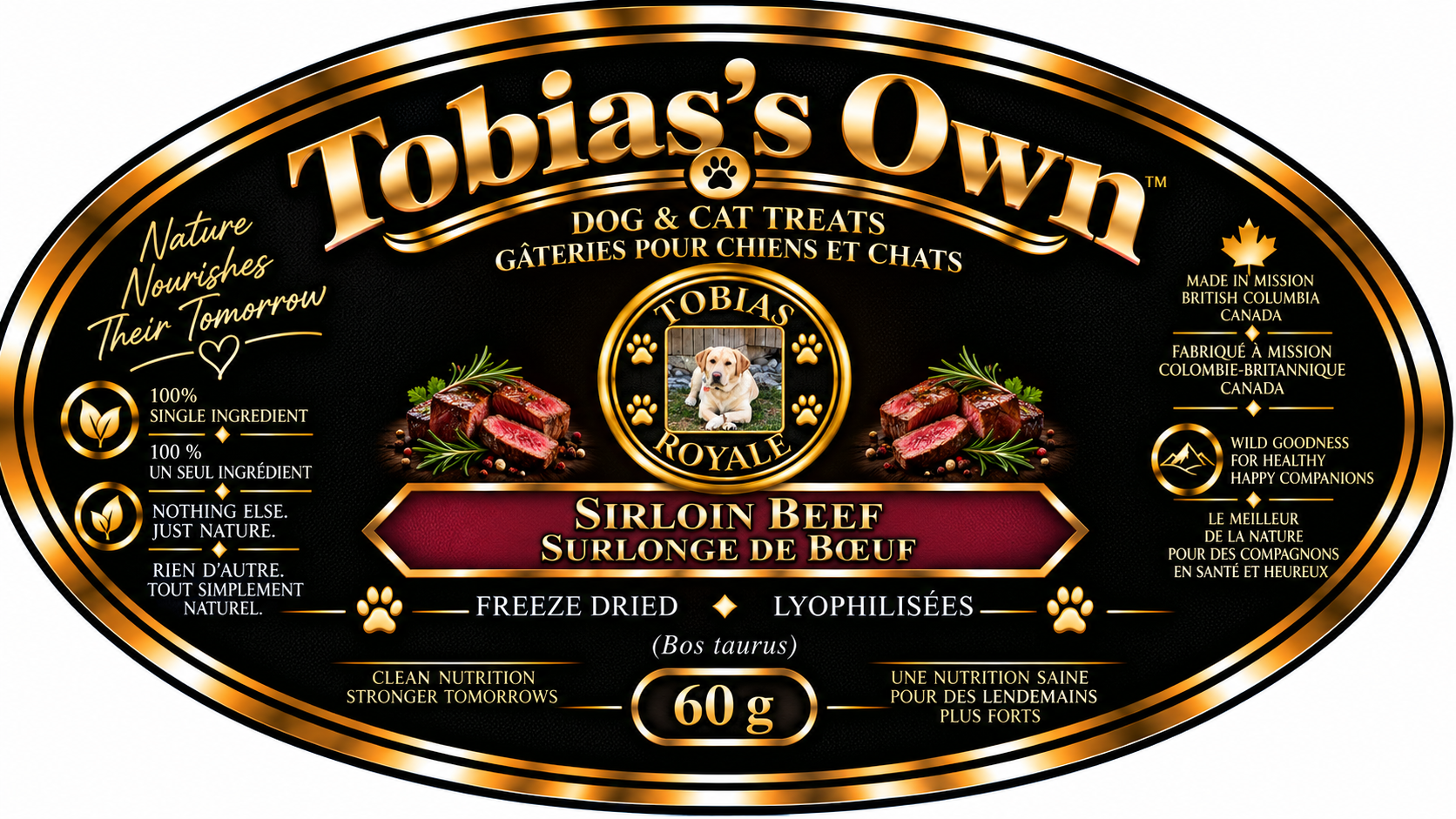 Tobias's Own Sirloin Beef freeze-dried dog and cat treat label featuring the Tobias Royale crest, sirloin beef imagery, 100% single-ingredient and Made in Canada.