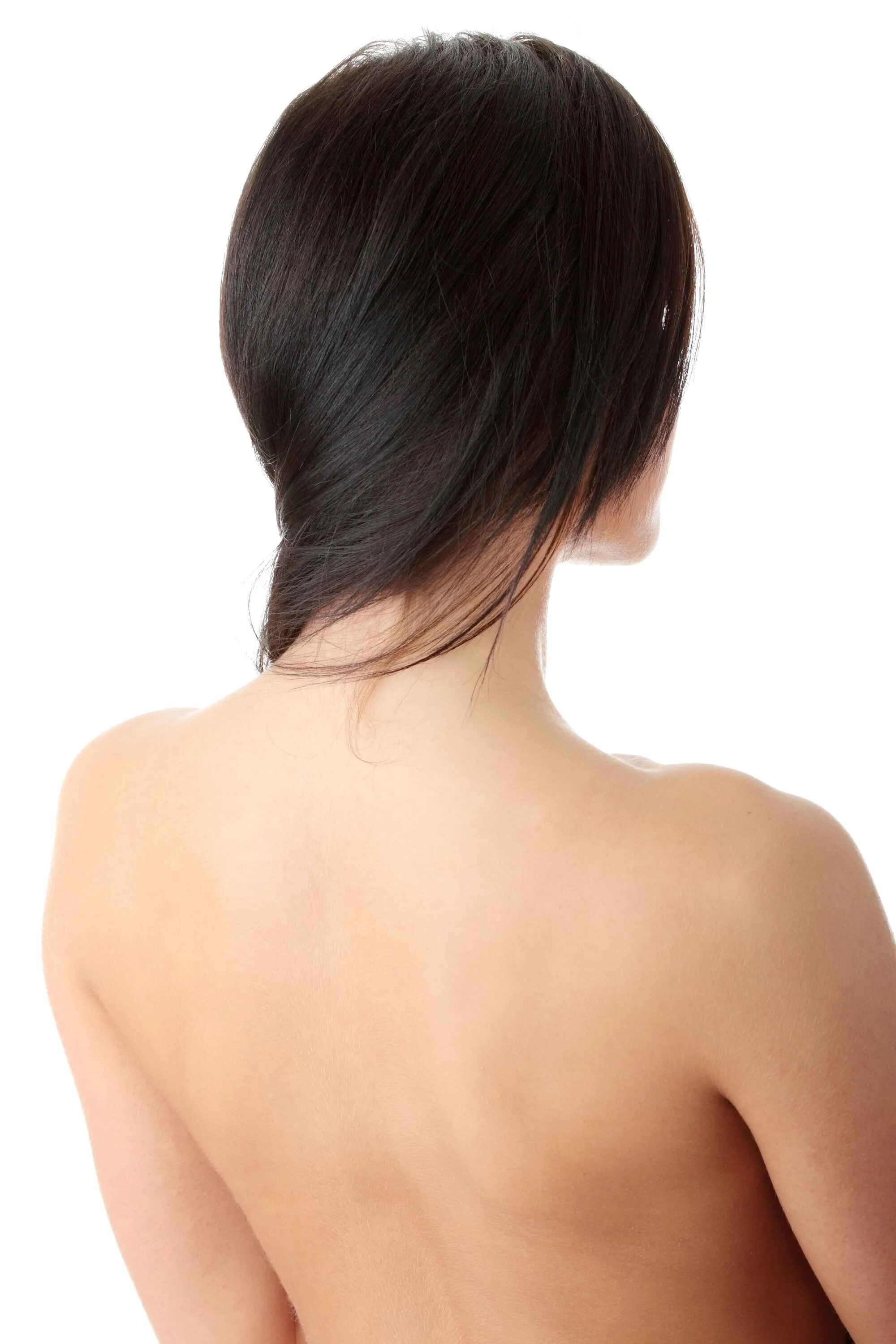 Back view of a woman with straight, dark brown hair, and bare shoulders against a white background.