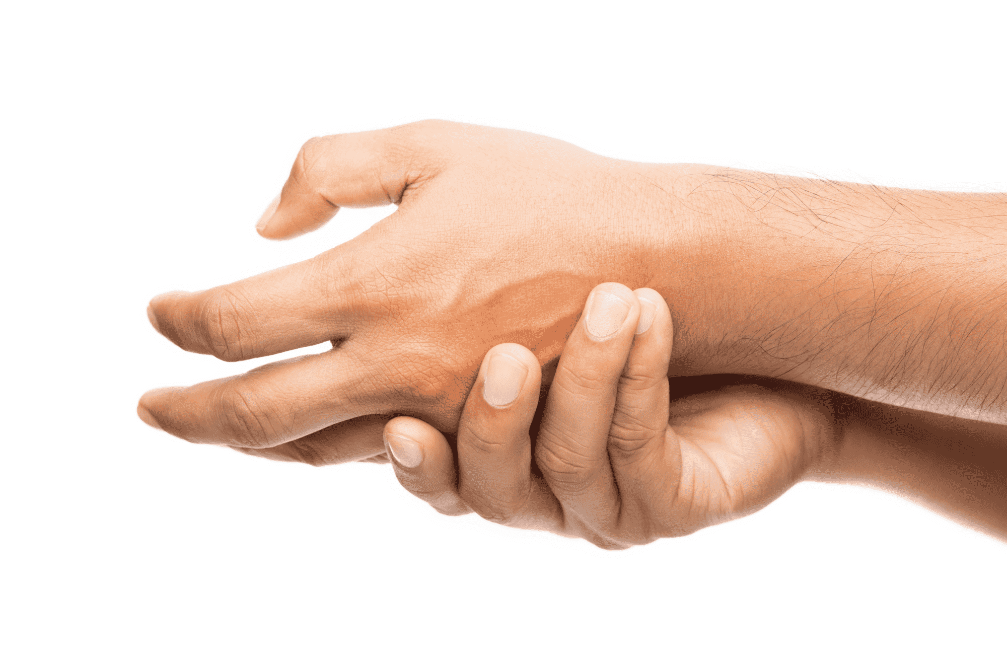 A hand gripping a wrist, showing a hand on top of a forearm.