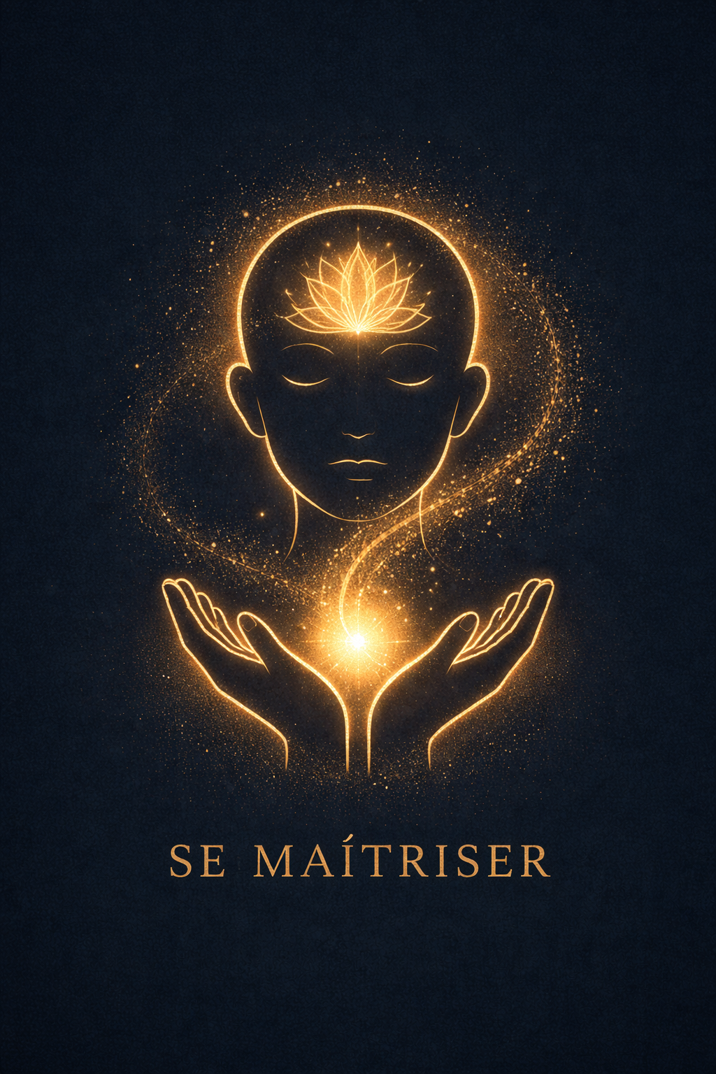 Une carte de remerciement noire avec un dessin de lotus doré au centre et le mot "REMERCIER" en bas également en doré.