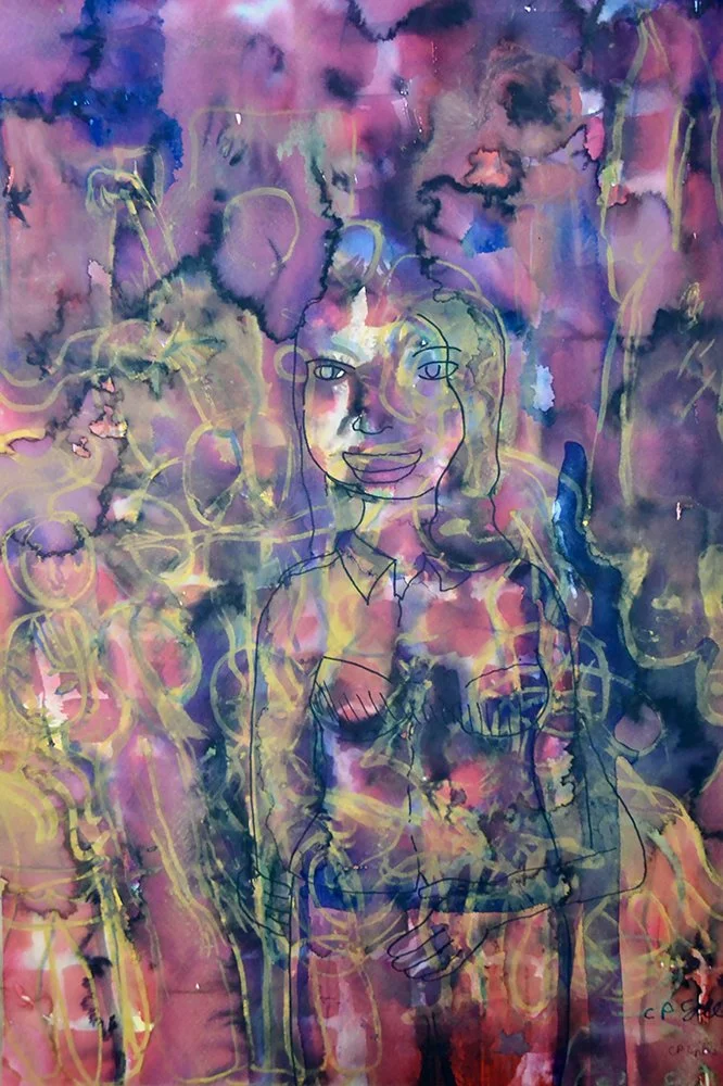 CP Gill art original mixed media on paper from 1998. Image showing an outline of a figure against a blue and purple background. Title: Figure in the landscape