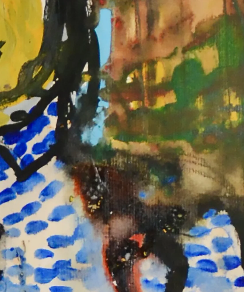 CP Gill Art details of a Woman walking down a street with high rise building in the background.