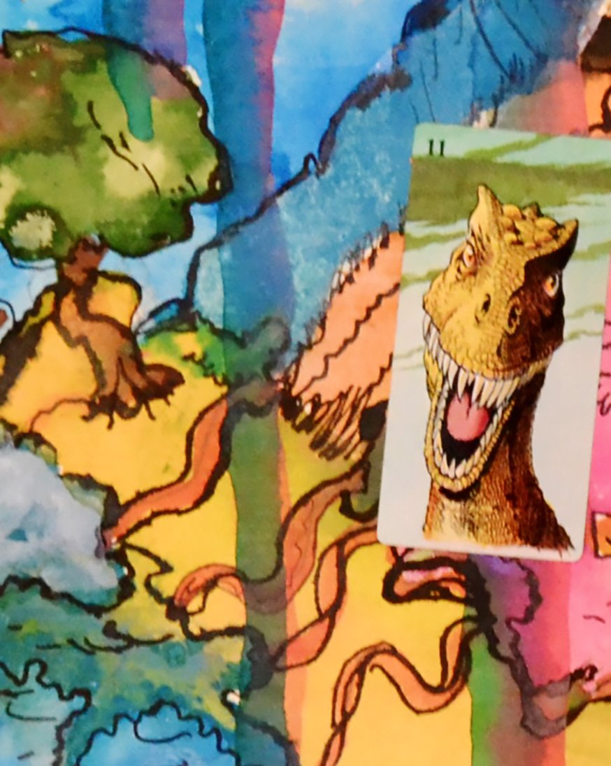 CP Gill Art works on paper. Details of the artwork Great Wall showing a dinosaur and a tree in the background.