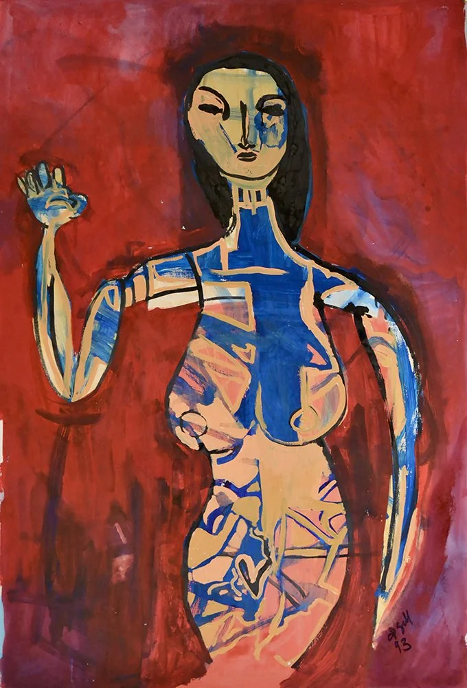 CP Gill Art original mixed media on paper from 1993. Image showing a woman holding up one hand against a red background. Title: Futuristic Woman