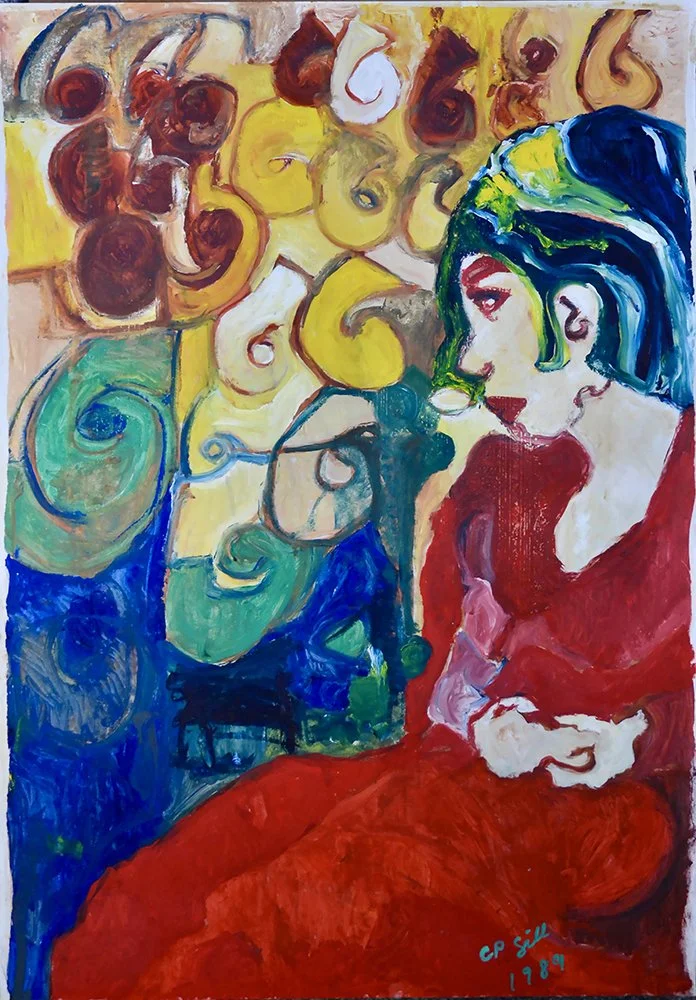 CP Gill Art original oil on paper from 1989 - Title: Girl in red dress This image show a woman sitting down wearing a red dress.