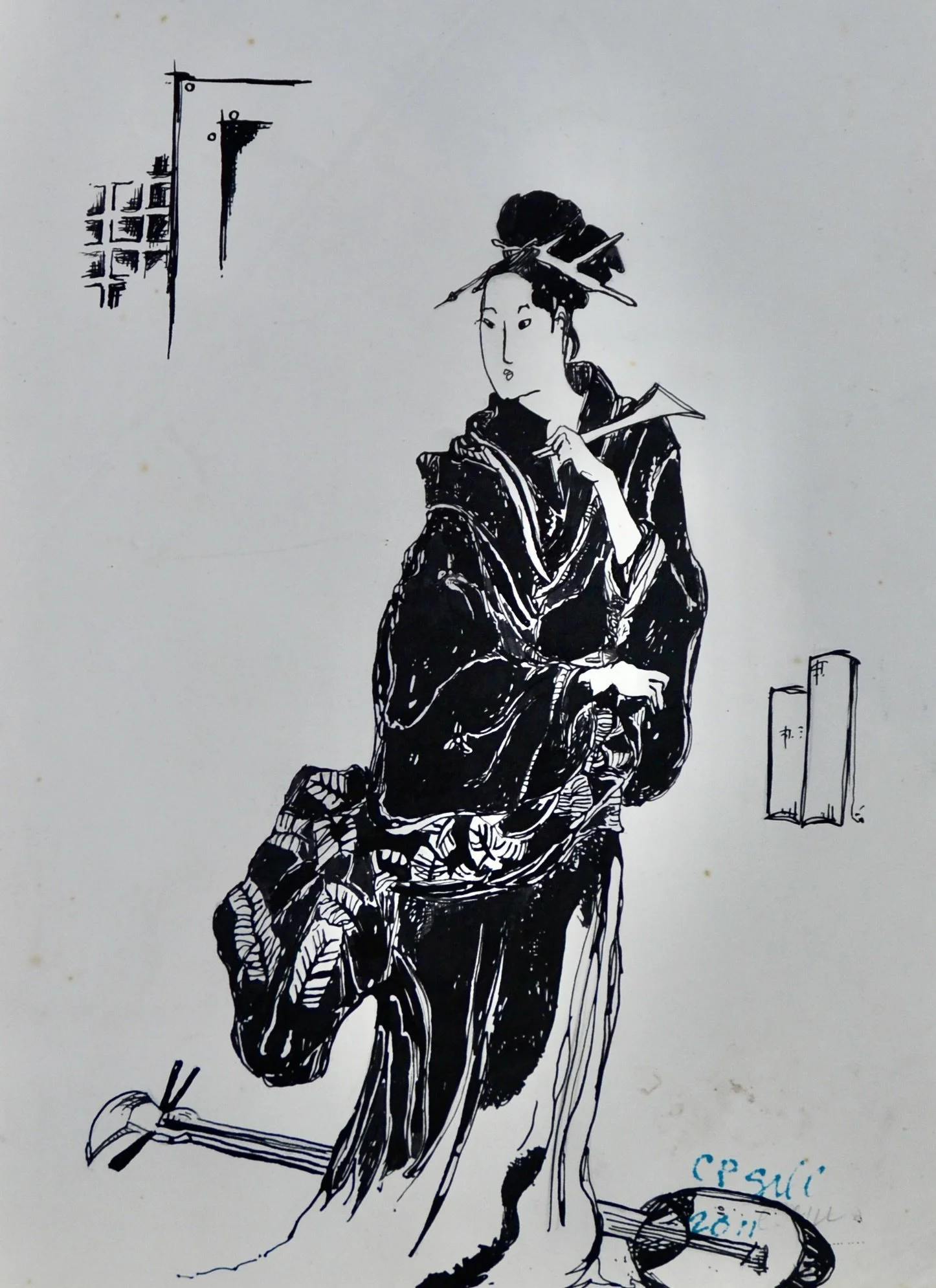 CP Gill Art original ink on paper sketch from 1987. Image showing an oriental woman wearing a traditional outfit.