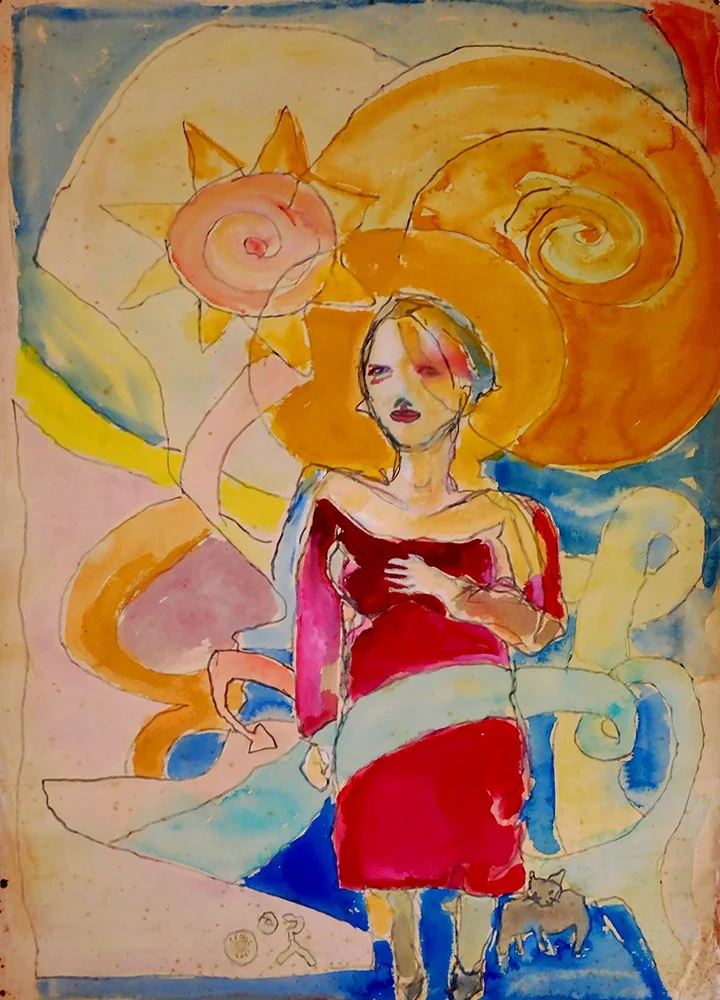 CP Gill Art original pencil and watercolour work on paper from 1993. Image showing a woman in a red dress with her hand on her chest. She has a cat and the sun is shining. Title: Forward to the future