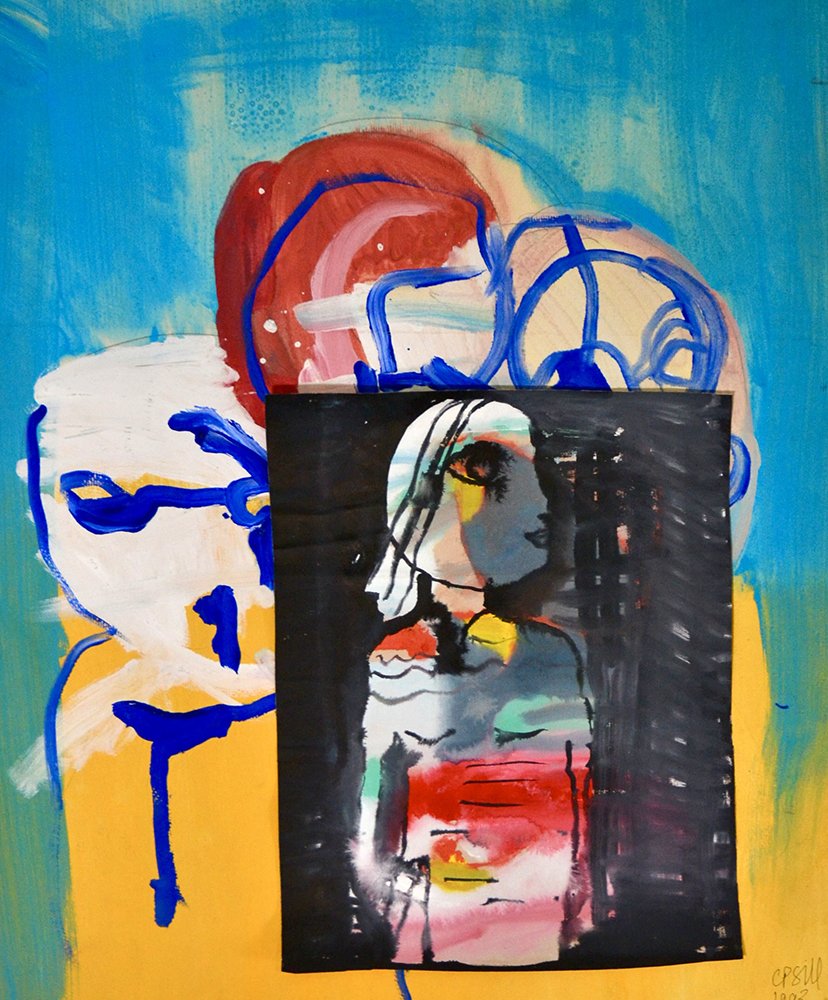 CP Gill Art original mixed media collage on paper from 1993. Title: The search for Tao. Image showing a black rectangle with a woman figure and behind her are onlookers outlined in blue pen.
