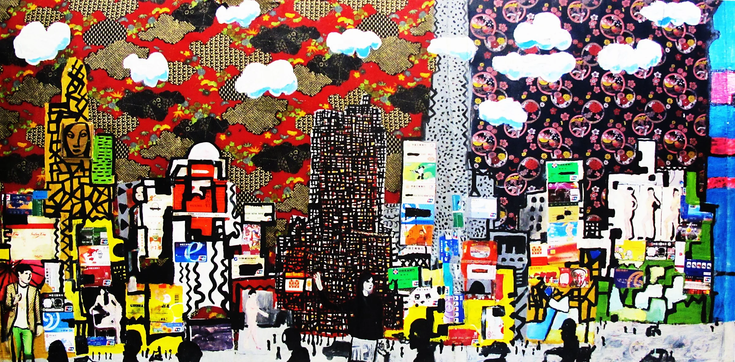 Colorful mural with illustrations of buildings, clouds, and people, created with a collage of patterned papers and paints.