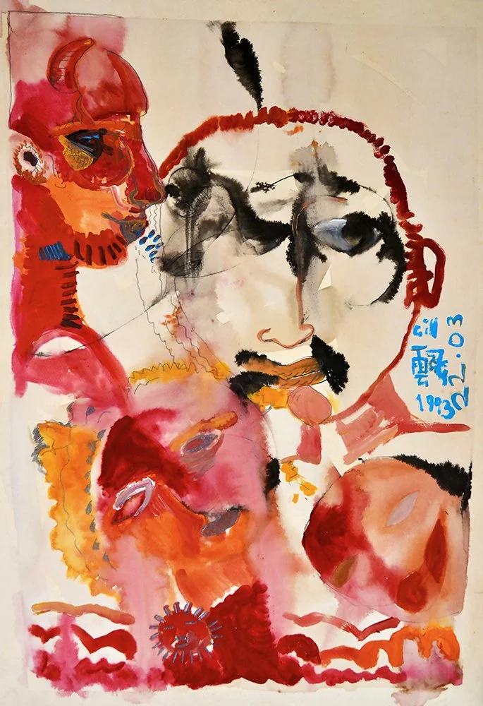 CP Gill Art original watercolour and ink on paper work from 1993. Image showing four faces in red colours, the central person features red hair. Artwork title: People with red hair