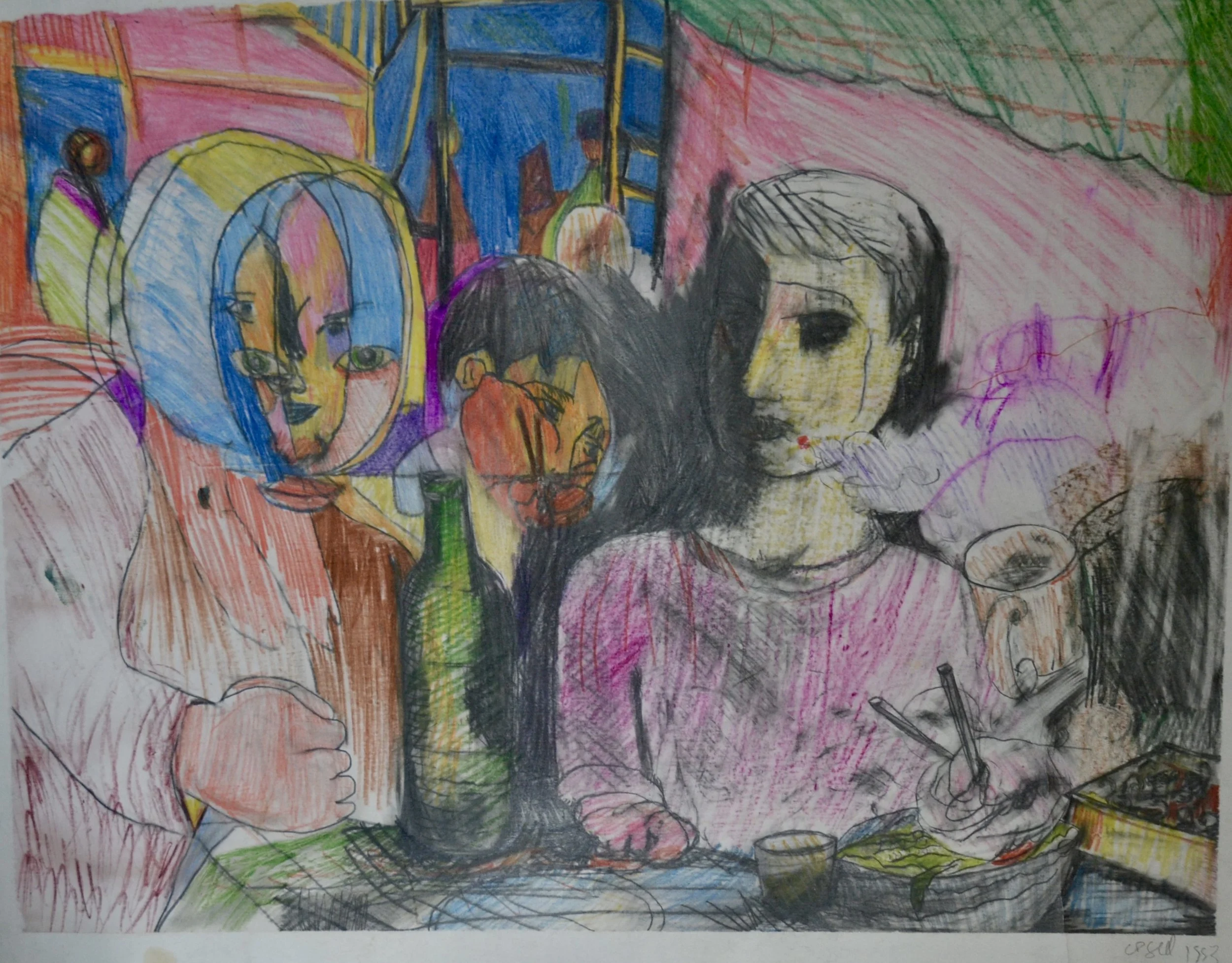 CP Gill Art original mixed media work on paper from 1993. Showing a couple sitting at a table eating noodles and having a drink in a busy restaurant in Beijing. Title: Beijing noodles and liquor