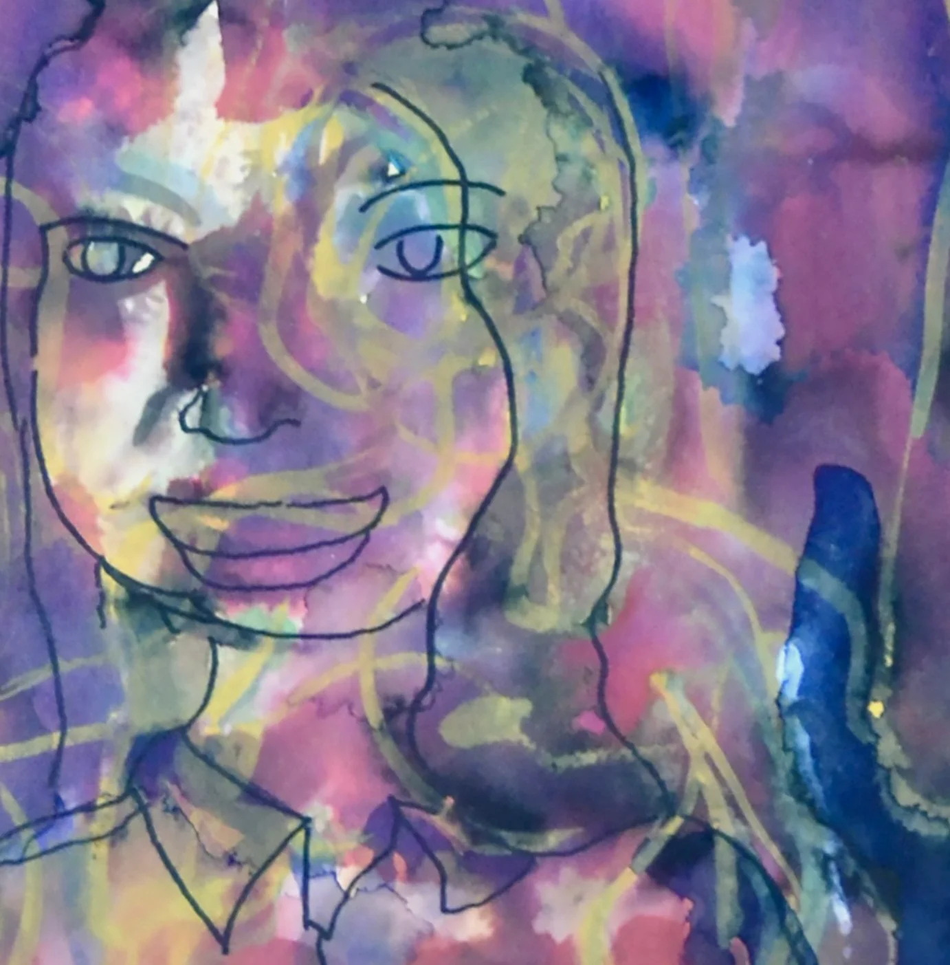 CP Gill Art works on paper showing details of a figure against a blue and purple background. Title: Figure in the landscape