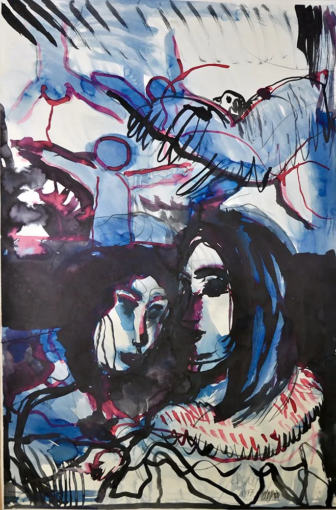 CP Gill Art original acrylic on paper from 1997.  Title: Another day in Shanghai. A moody image in blues and purple showing a couple of Chinese girls.