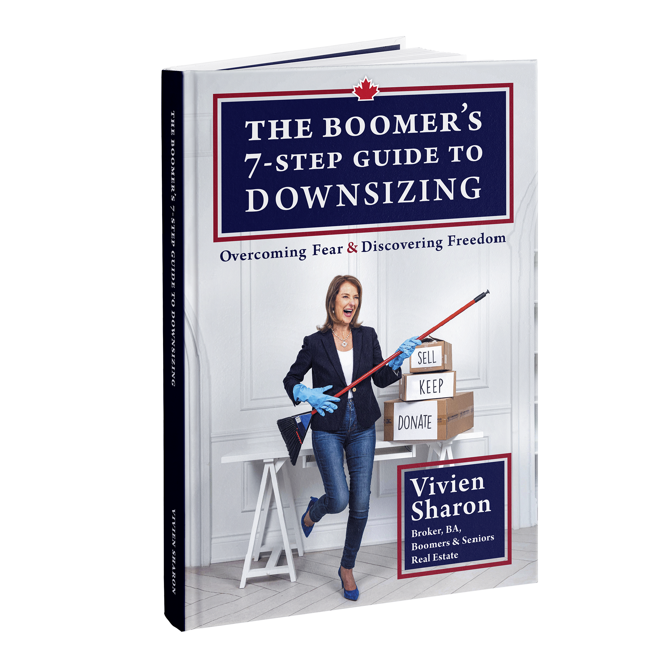 Book cover titled 'The Boomer's 7-Step Guide to Downsizing' by Vivien Sharon, featuring a woman with a pointer next to boxes labeled 'Sell,' 'Keep,' and 'Donate.'