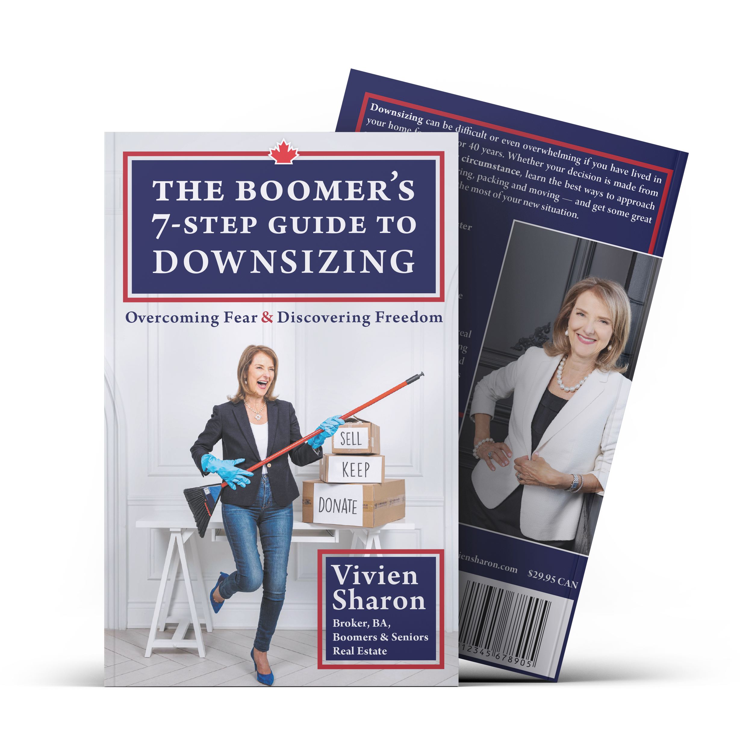 Book cover titled "The Boomer's 7-Step Guide to Downsizing" by Vivien Sharon, featuring a woman holding a broom with stacked boxes labeled "Sell," "Keep," and "Donate."