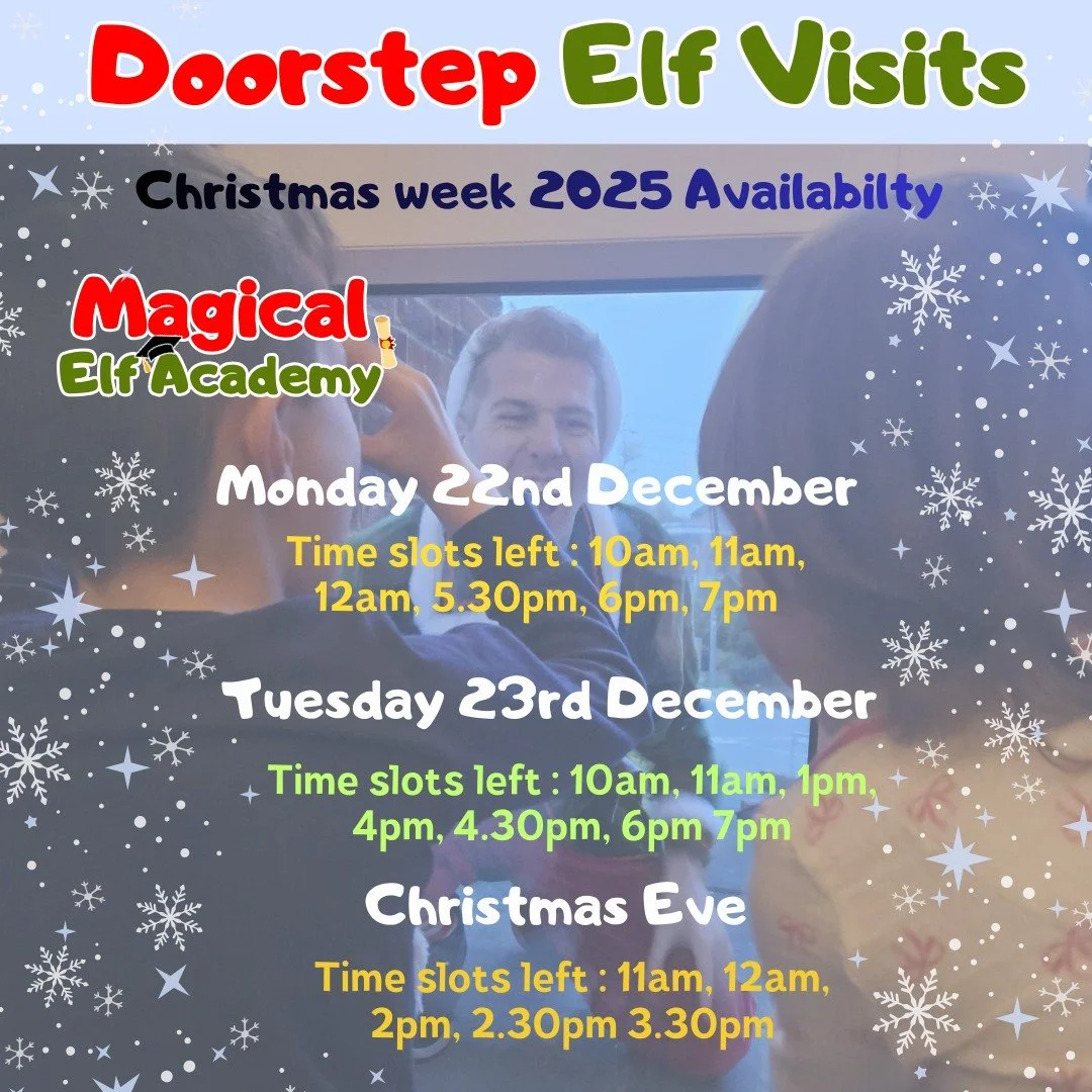 🎉🎄CURRENT DOOR STEP AVAILABILTY FOR CHRISTMAS WEEK🎄

See below for our current time slots availability:

We have been really busy with enquires this week which is amazing! Please see our current time slots left for Christmas week Elf Visits! It is