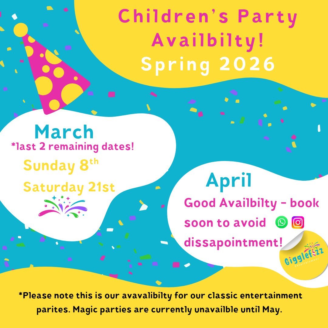 Do you need help from us with entertainment for your children's party?! Here is our spring availability! If you have a date in mind please get in touch asap to secure your party slot! 🎉