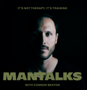 Promotional poster for 'Mantalks' featuring Connor Beaton, with a man’s face partially lit against a dark background.