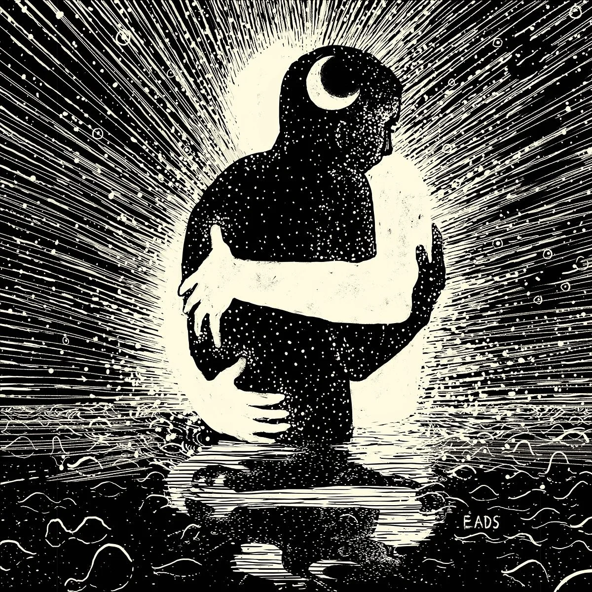 An artistic black and white illustration of a person with a crescent moon on their head, embracing a large bird, surrounded by radiating lines and stars, with water and ducks at the bottom.