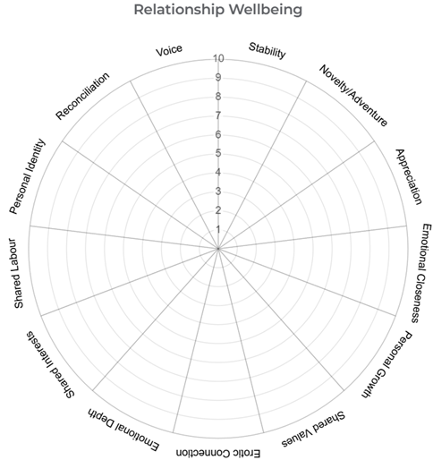 Radar chart titled 'Relationship Wellbeing' with axes for aspects like stability, novelty, appreciation, emotional closeness, shared values, education, emotional pain, shared labour, personal identity, reconciliation, voice, and other relationship factors, all with values at zero.