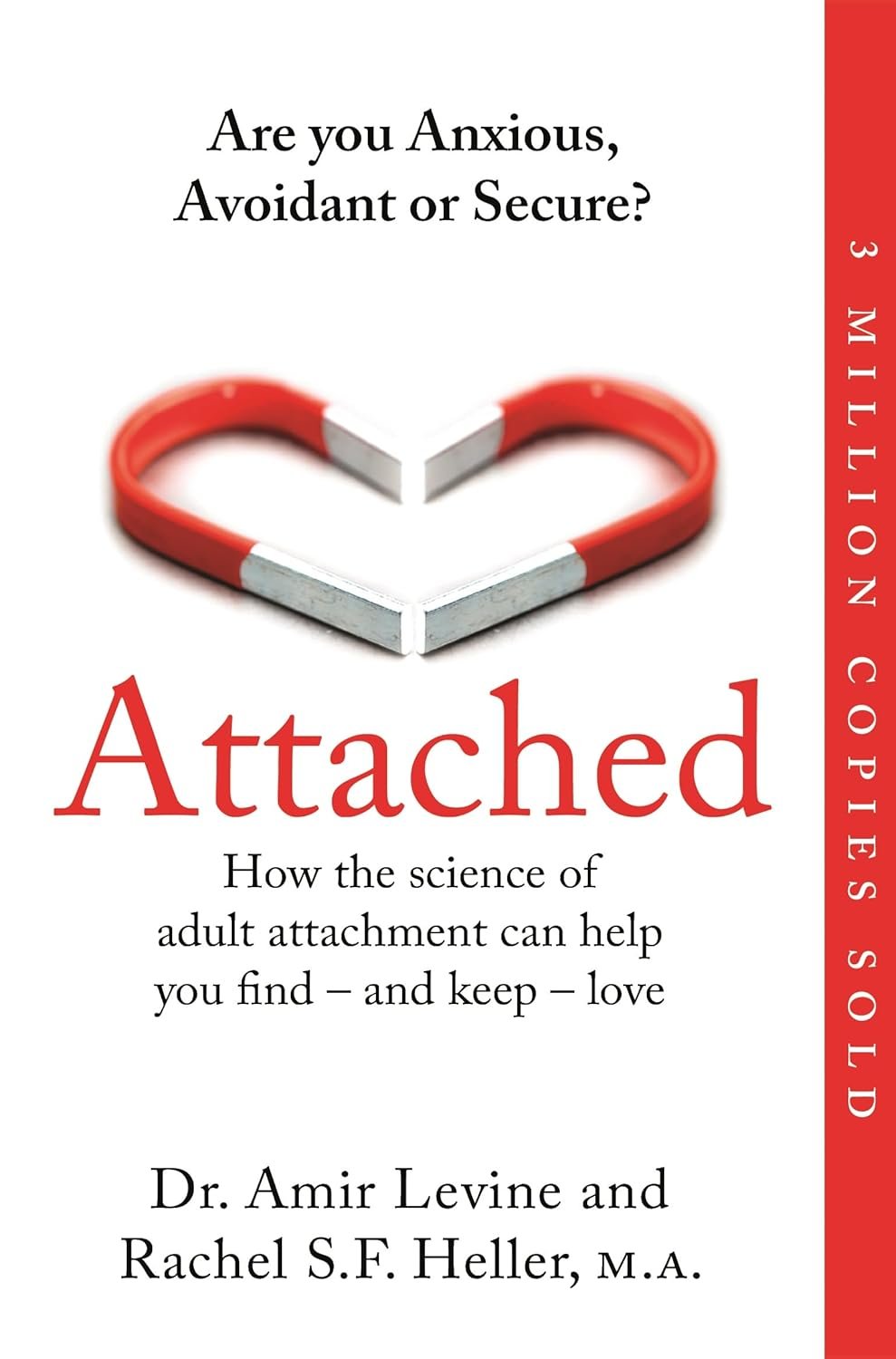 Book cover titled 'Attached' with an image of a red and white horseshoe magnet forming a heart shape, and the subtitle about science of adult attachment. Authors are Dr. Amir Levine and Rachel S.F. Heller.
