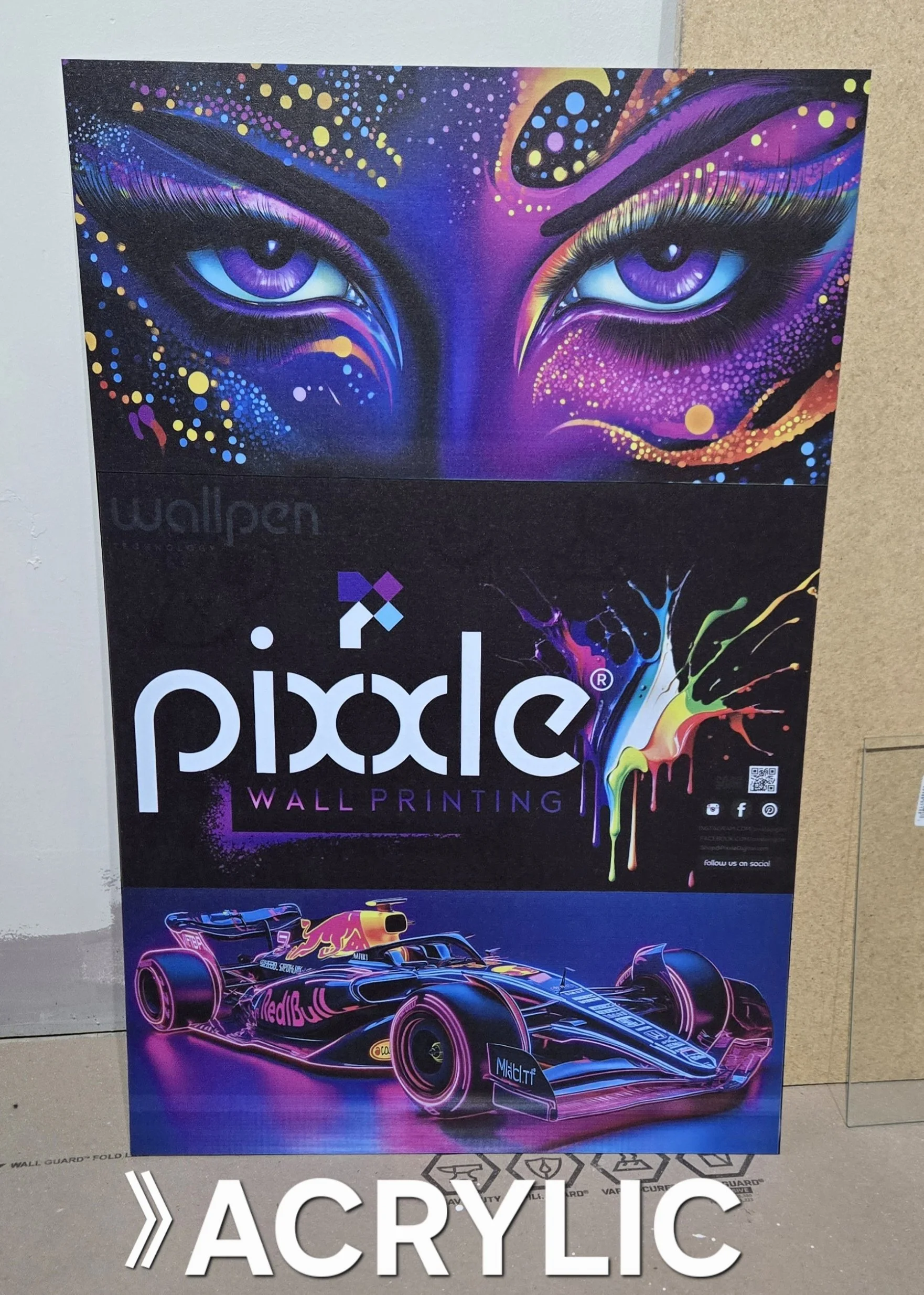 A colorful poster with an abstract depiction of a woman's eyes at the top, featuring bright and vibrant colors. The middle part displays the text 'pixel WALL PRINTING' with a splash of rainbow-colored paint. The lower part shows a neon-style illustra