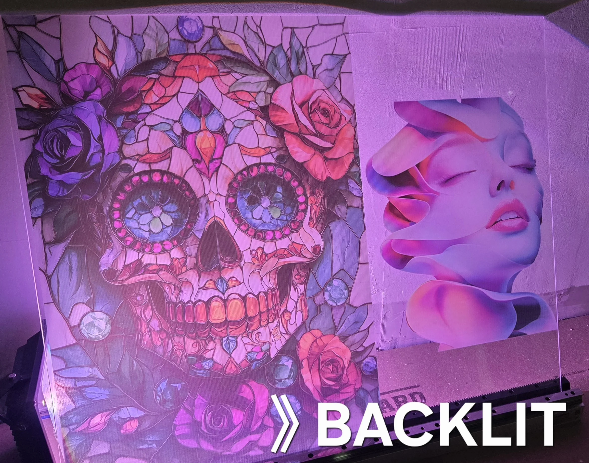 Neon art featuring a colorful stained-glass style sugar skull surrounded by roses on the left and a stylized portrait of a woman with eyes closed and lips slightly parted on the right. The word 'BACKLIT' appears at the bottom.