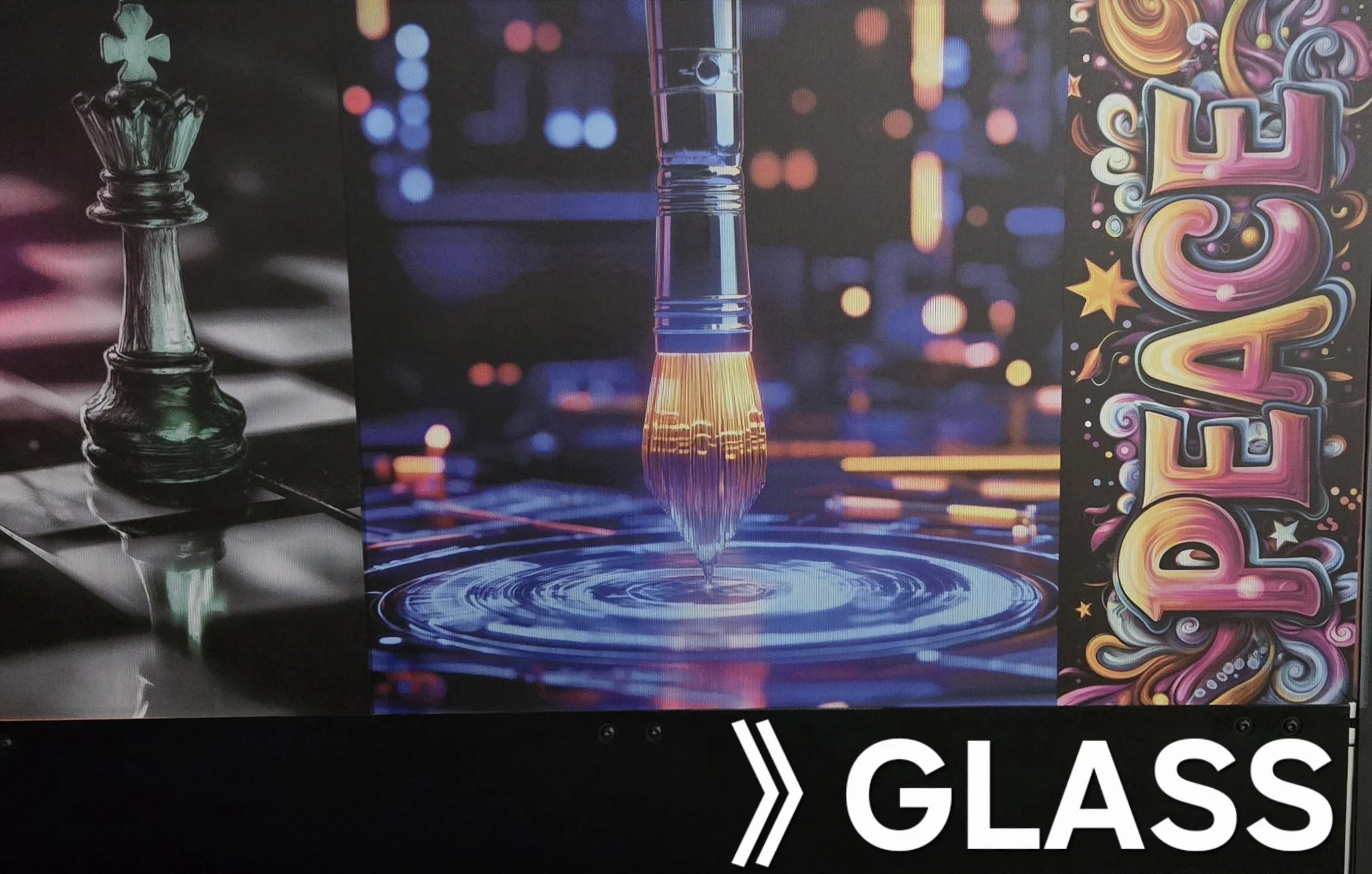 A collage of images featuring glass. On the left, a chess king piece with a shadow on a black and white checkered surface. In the center, a close-up of a glass paintbrush with glowing paint and water, reflected on a surface with circular ripples. On