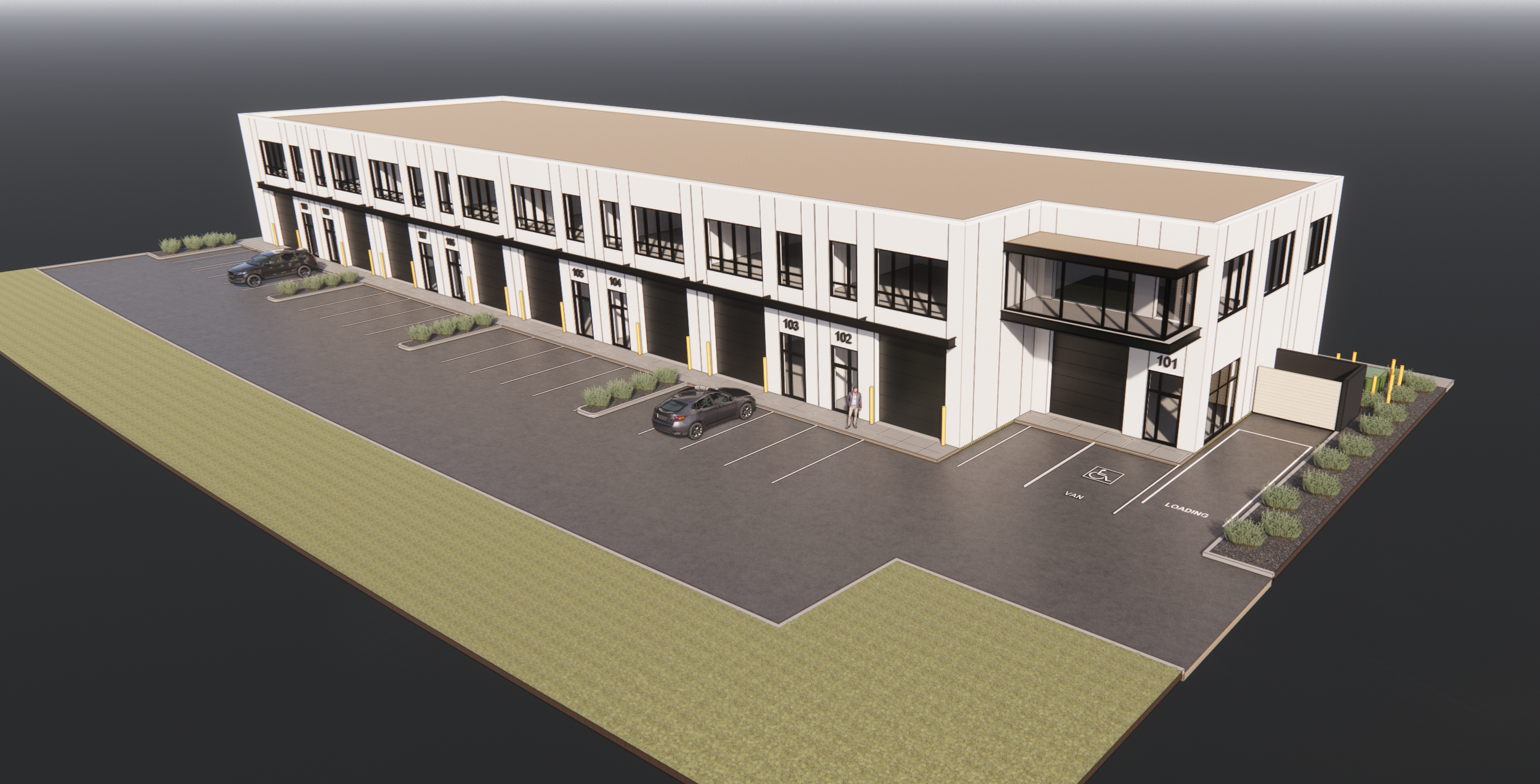 3D rendering of a modern two-story office building with parking lot and landscaping.