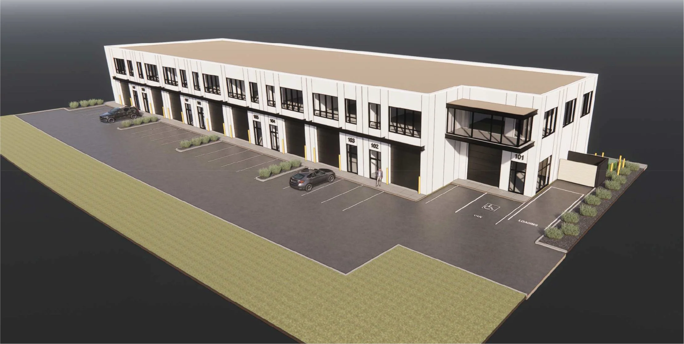 A 3D-rendered digital image of a modern two-story commercial building with a parking lot. The building has multiple storefronts numbered 101 to 106, including designated loading zones and accessible parking. Several cars are parked in front, and there is greenery with shrubs along the sides.