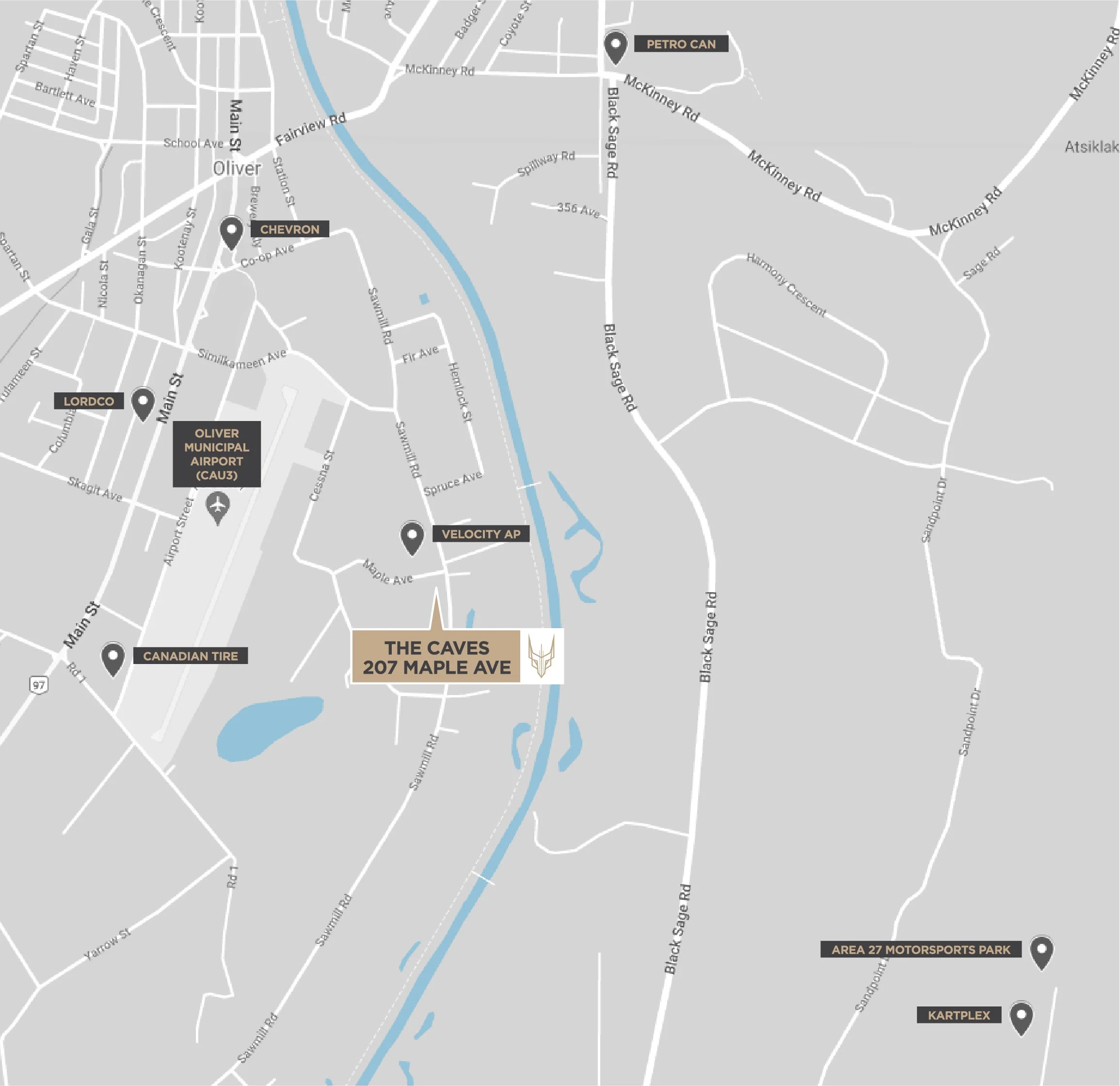 A map showing roads, landmarks, and businesses in Oliver, including Oliver Municipal Airport, Canadian Tire, Chevron, Lordco, Velocity AP, Petro Can, AREA 27 Motorsports Park, and Kartplex. The location 207 Maple Ave, labeled as The Caves, is highlighted in the center.