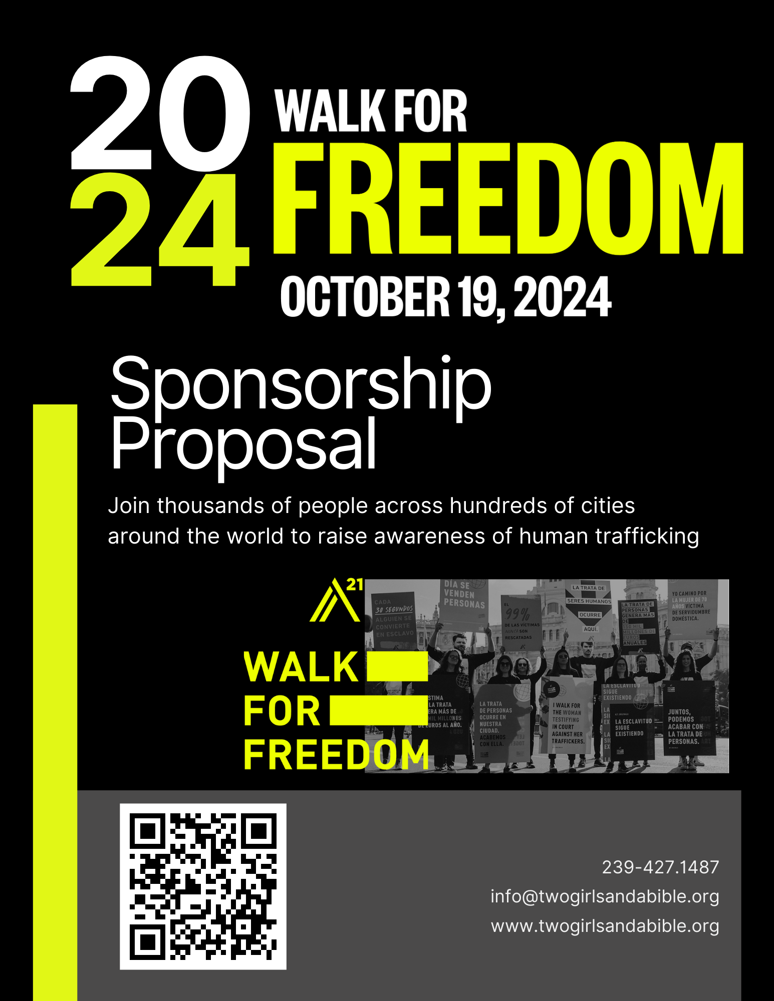 Flyer for the 2024 Walk for Freedom event on October 19, 2024, with details about sponsorship proposal and call to join the awareness campaign against human trafficking. Features a group photo of protestors holding signs, a QR code, and contact information for Two Girls and a Bible organization.