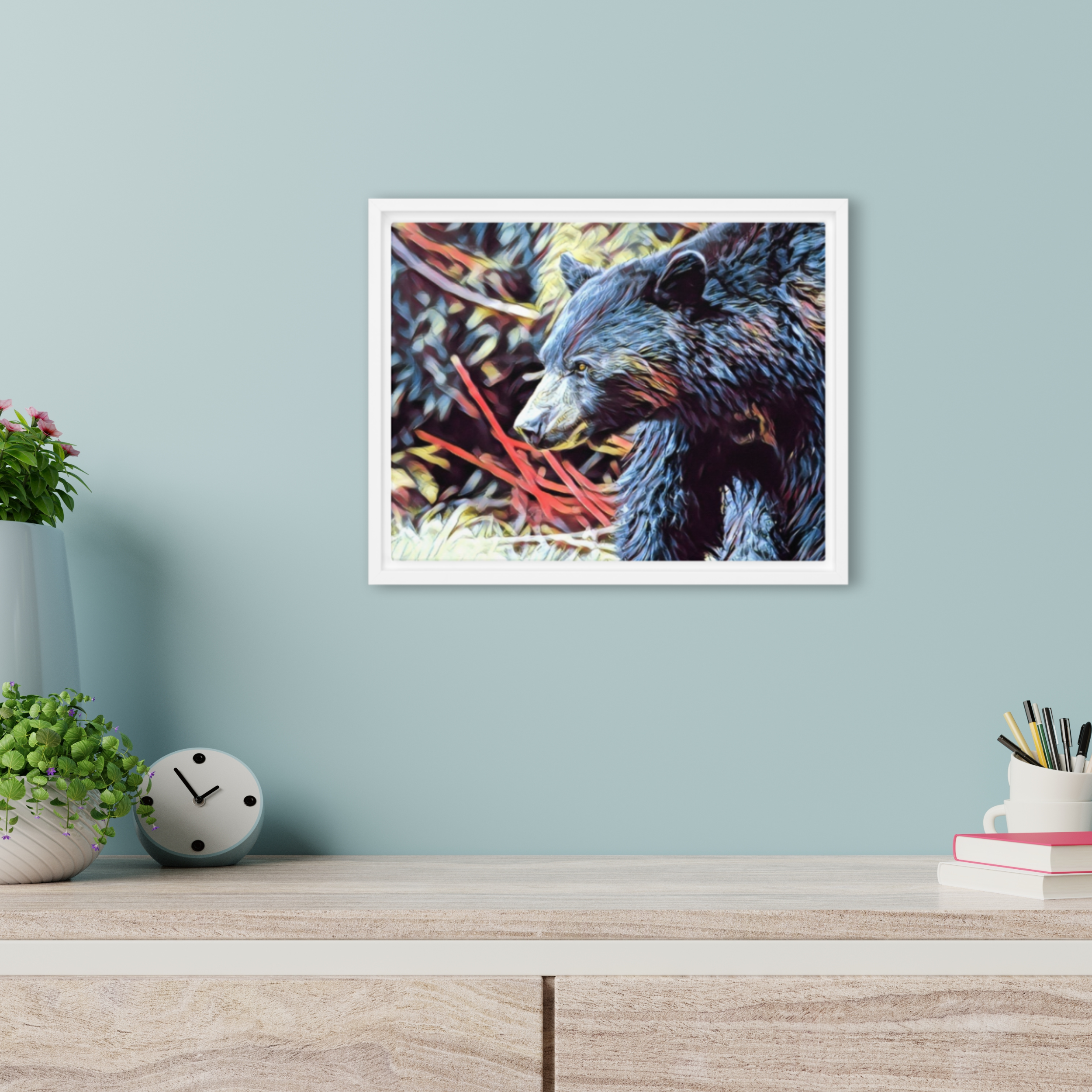 Reimagined Spirit: A Bear in Bold Hues Framed Canvas