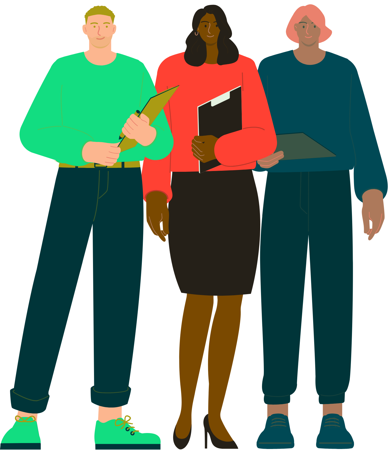 Stylised illustration of three diverse colleagues standing side by side, each holding folders or clipboards, representing teamwork and inclusion.