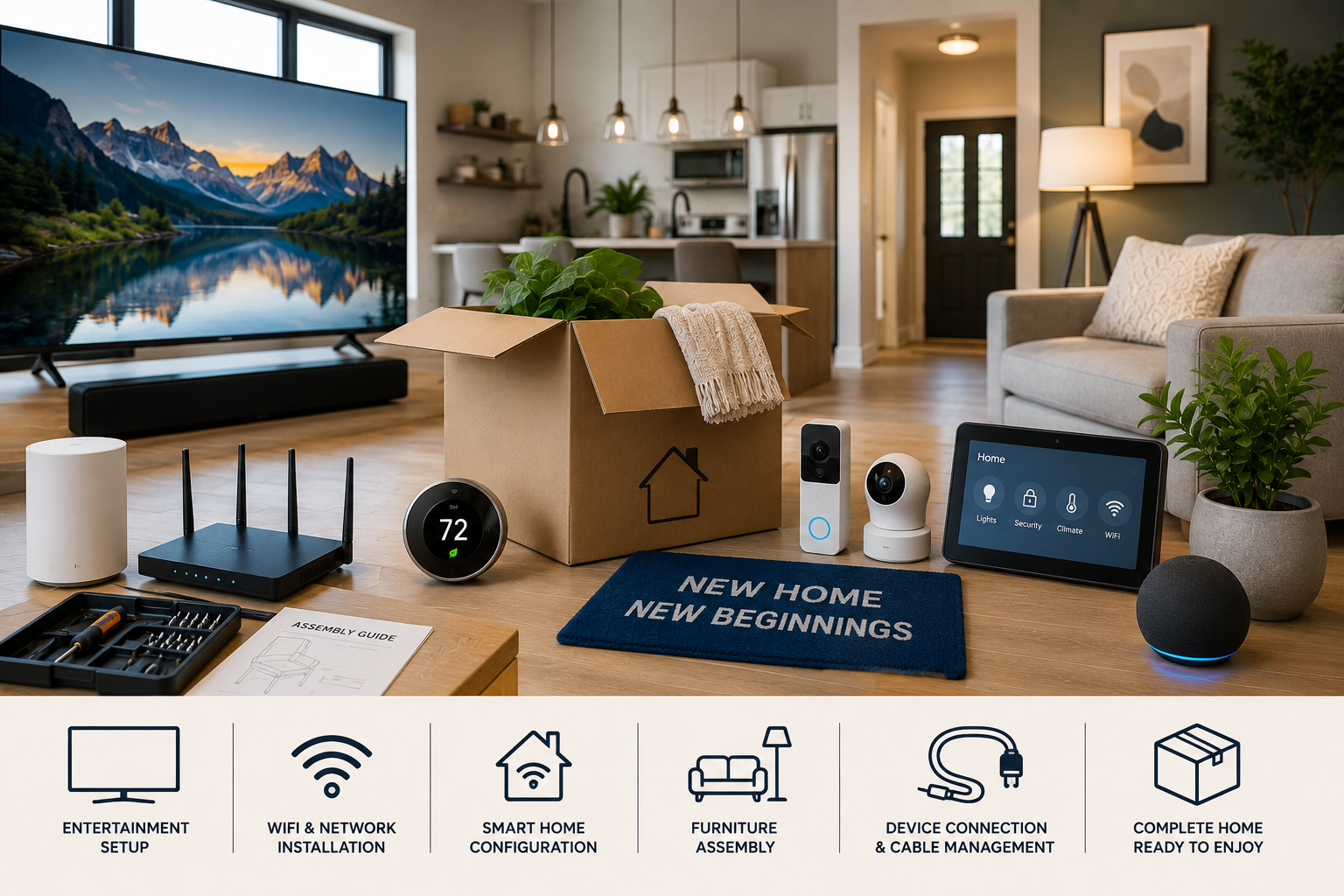 Living room with smart home devices including a smart thermostat, Wi-Fi router, smart security camera, a tablet displaying smart home controls, a smart speaker, and a cardboard box with a plant on top, in front of a large TV and a cozy sofa.