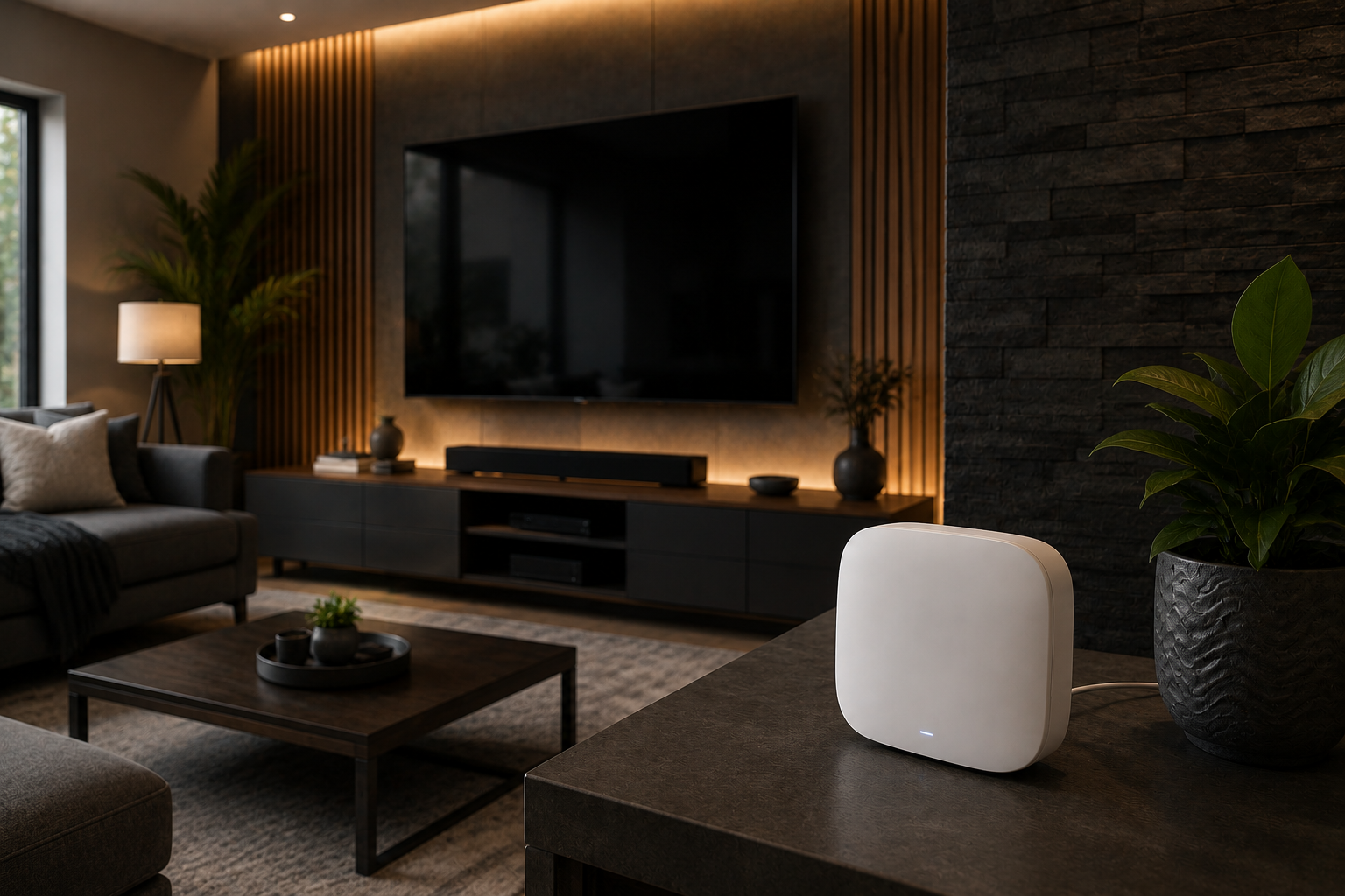 Modern living room with black and wooden decor, a large flat-screen TV, green plants, a white speaker on a dark table, and a gray couch with pillows.
