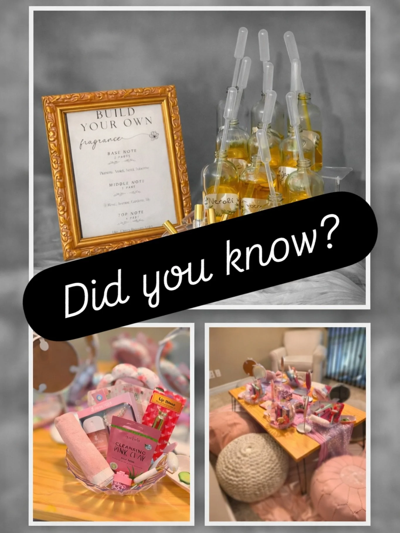 ✨ Did you know?

You can elevate your picnic or tent party experience by adding interactive workshops designed for fun, creativity, and unforgettable memories!

From DIY fragrance blending and self-care spa stations to hands-on creative activities, g
