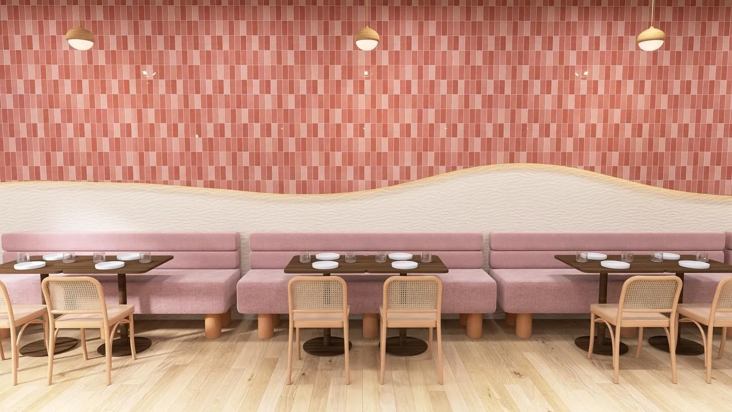 Pink Dunes Caf&eacute; was imagined for softness to lead. Every curve and wave gently guides you through the space, creating a sense of calm the moment you walk in. Nothing feels overdone. 

Instead of pairing pink with the expected, I leaned into wo