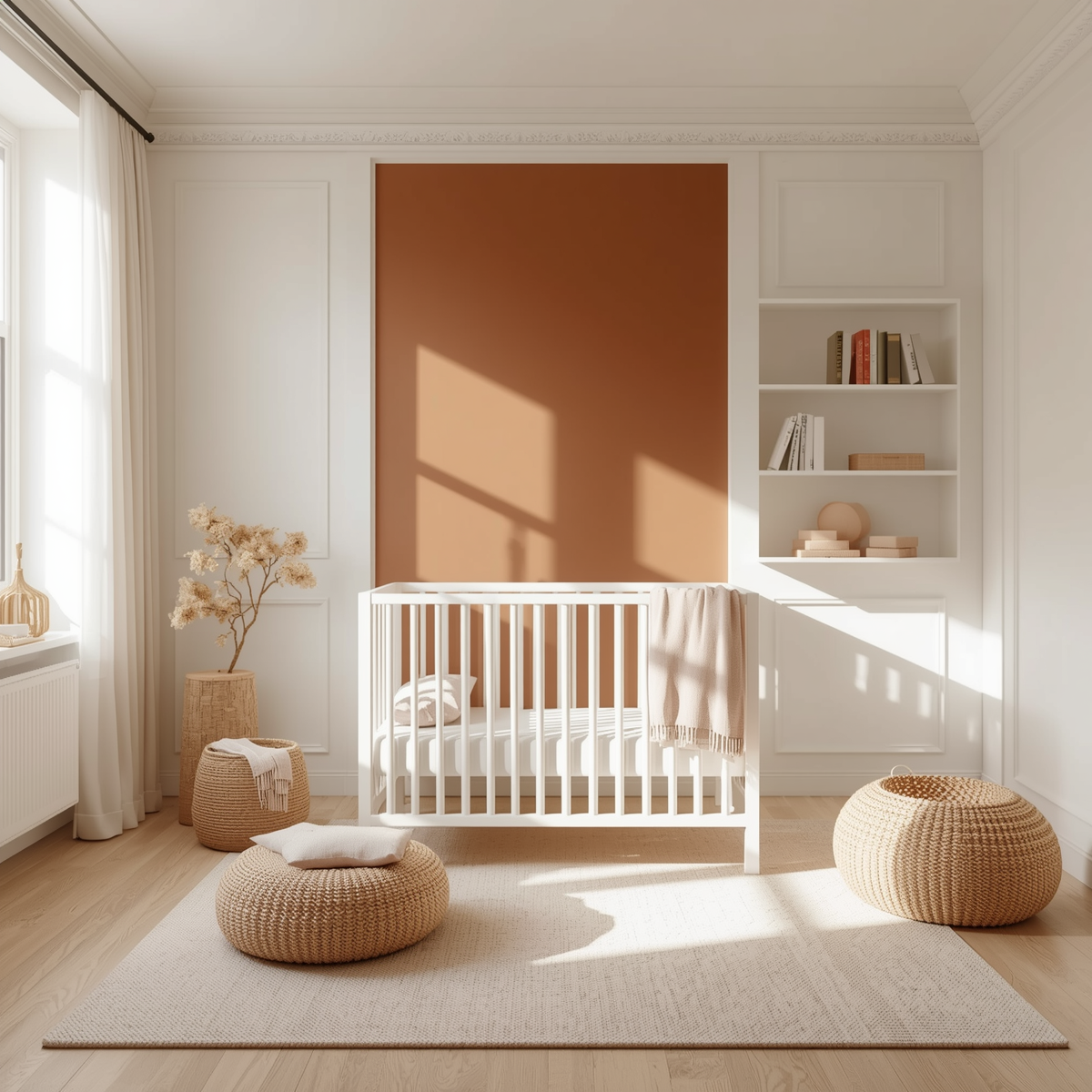 Photorealistic bright minimalist nursery, Chantilly Lace crisp white walls, warm terracotta or sage accent wall, white oak crib and shelving, soft cream and dusty pink textiles, warm and clean atmosphere that photo.jpg