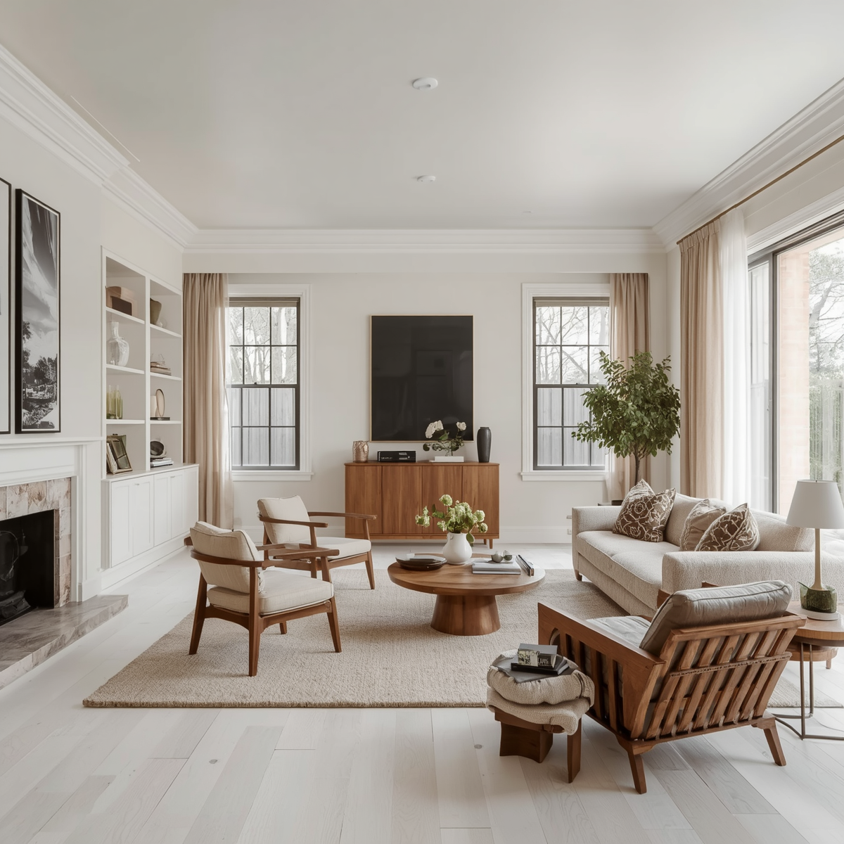 Photorealistic multi-room editorial interior spread, warm white walls in White Dove cream, warm greige and soft taupe tones throughout, white oak floors, linen sofa, walnut accents, sheer curtains filtering natural.jpg