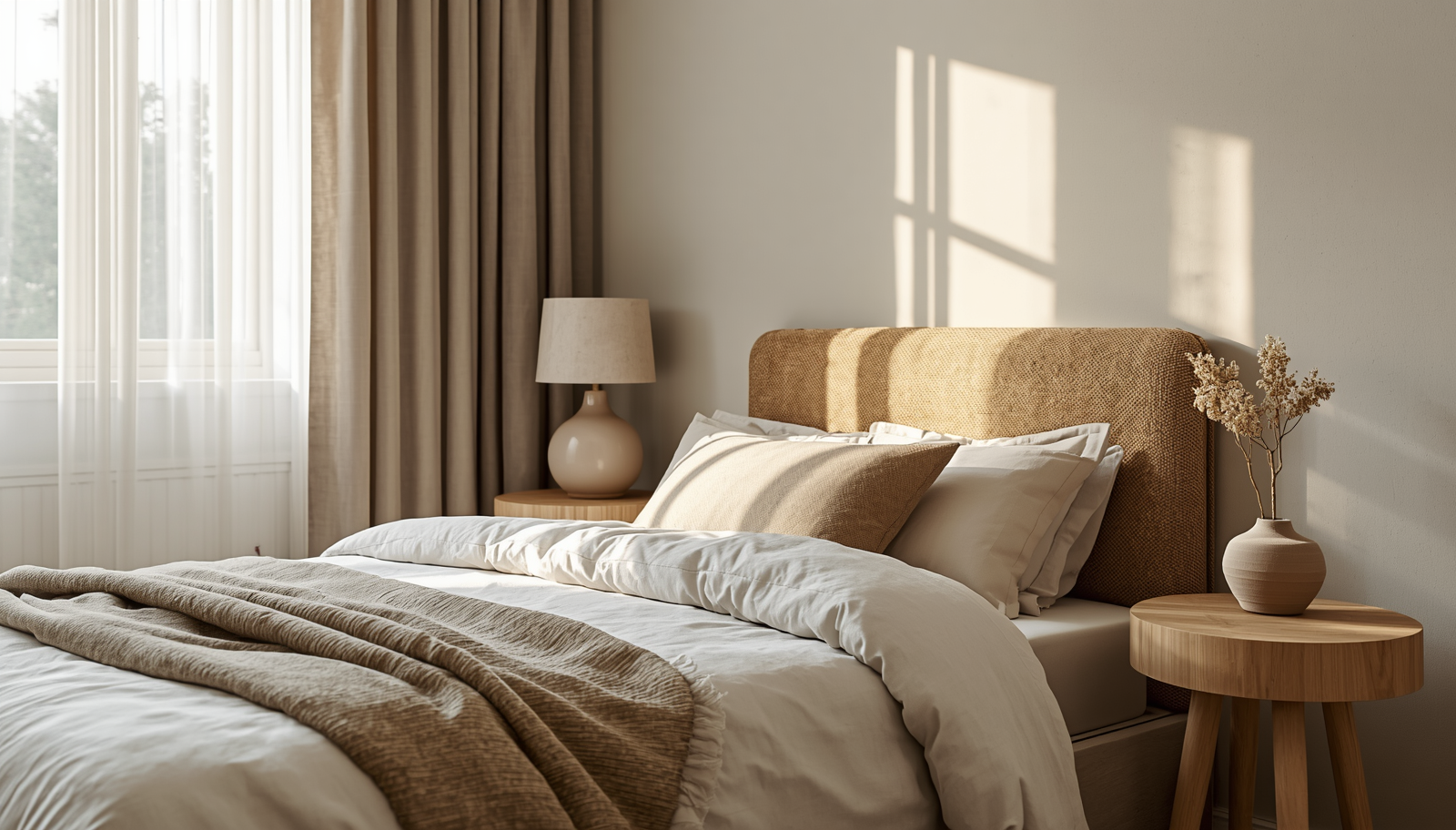Photorealistic cozy bedroom styled for a refresh, soft linen bedding in cream and warm white, a single upholstered headboard in warm greige bouclé, a round natural wood nightstand with a ceramic lamp and small drie.jpg