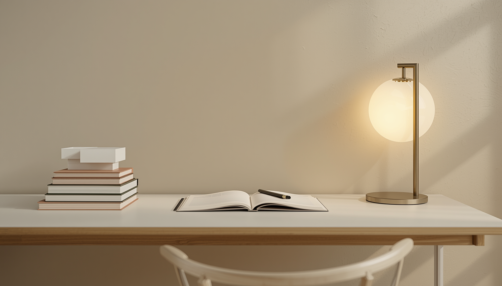 Photorealistic minimal home office vignette, clean white oak desk with an open notebook and fine-tip pen, a small architectural model beside a stack of design books, soft warm greige walls, a slim table lamp ca (1).jpg