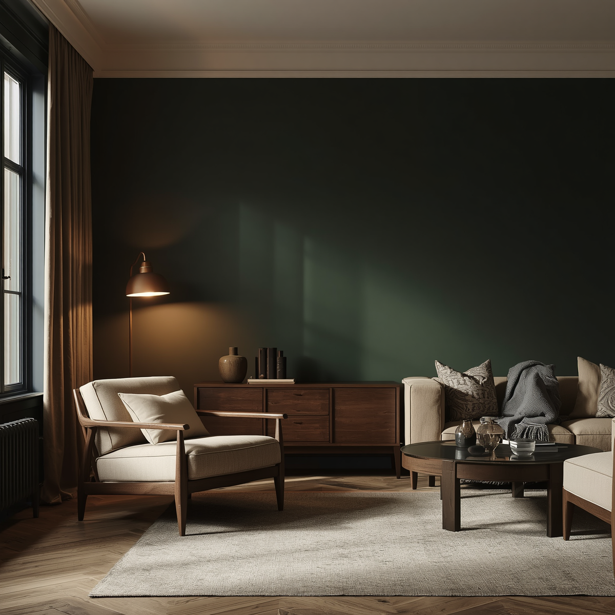 Photorealistic moody interior room with deep charcoal or forest green accent wall, intentional dramatic atmosphere, warm pooled lighting from floor lamp and table lamp, walnut furniture, cream and greige soft furni.jpg