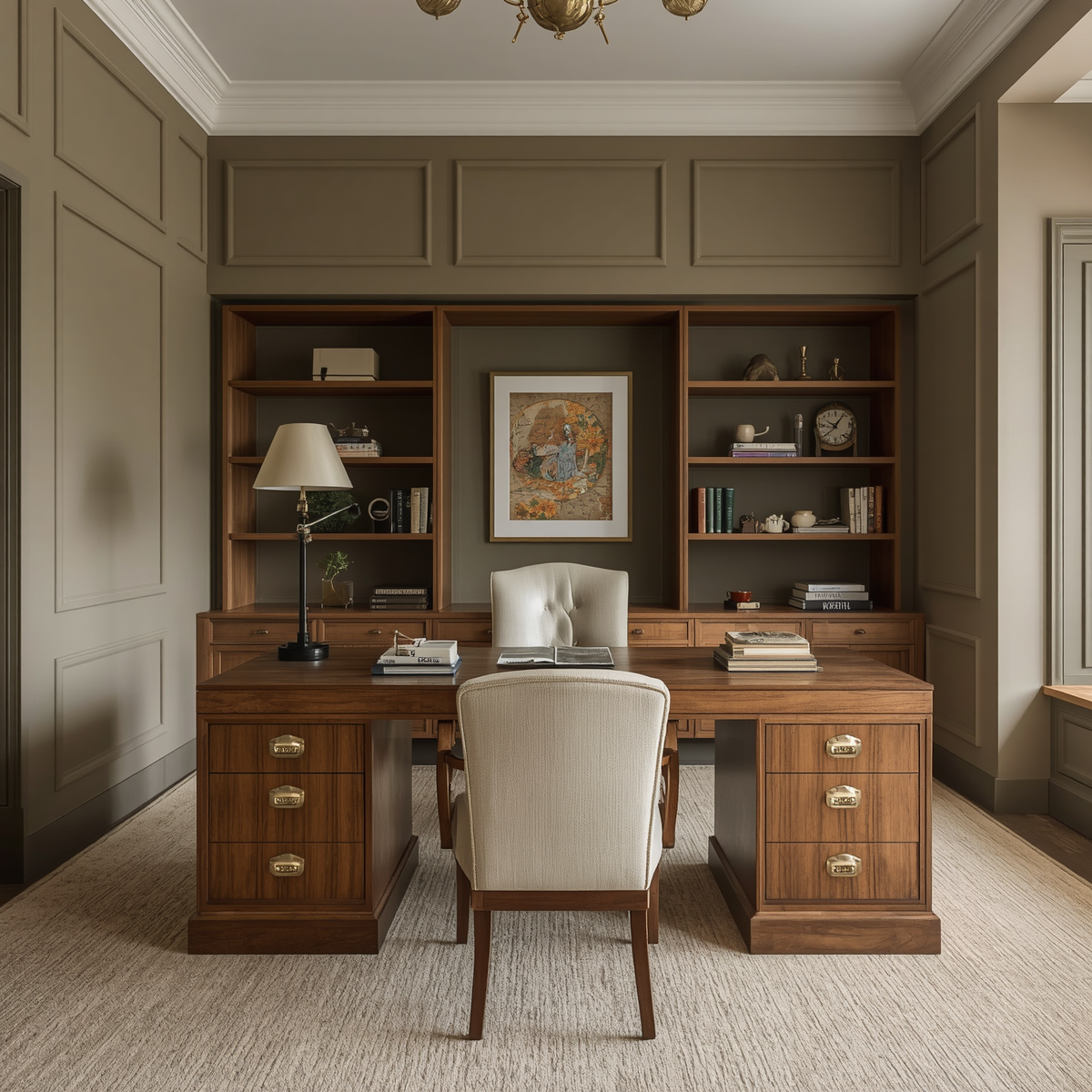 Photorealistic sophisticated home office, Elephant's Breath warm greige walls with depth and tone, walnut desk and shelving, warm metal hardware, cream linen chair, considered and intentional atmosphere, grounded a.jpg