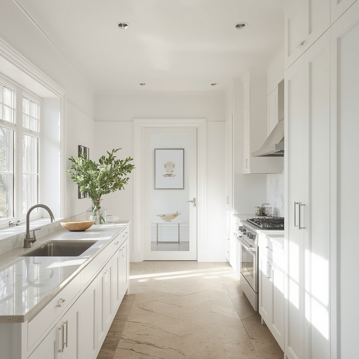 Photorealistic bright minimalist kitchen, Simply White crisp walls, white shaker cabinetry, warm alabaster and creamy accents, marble countertop, light and fresh without being stark, soft natural light flooding the.jpg